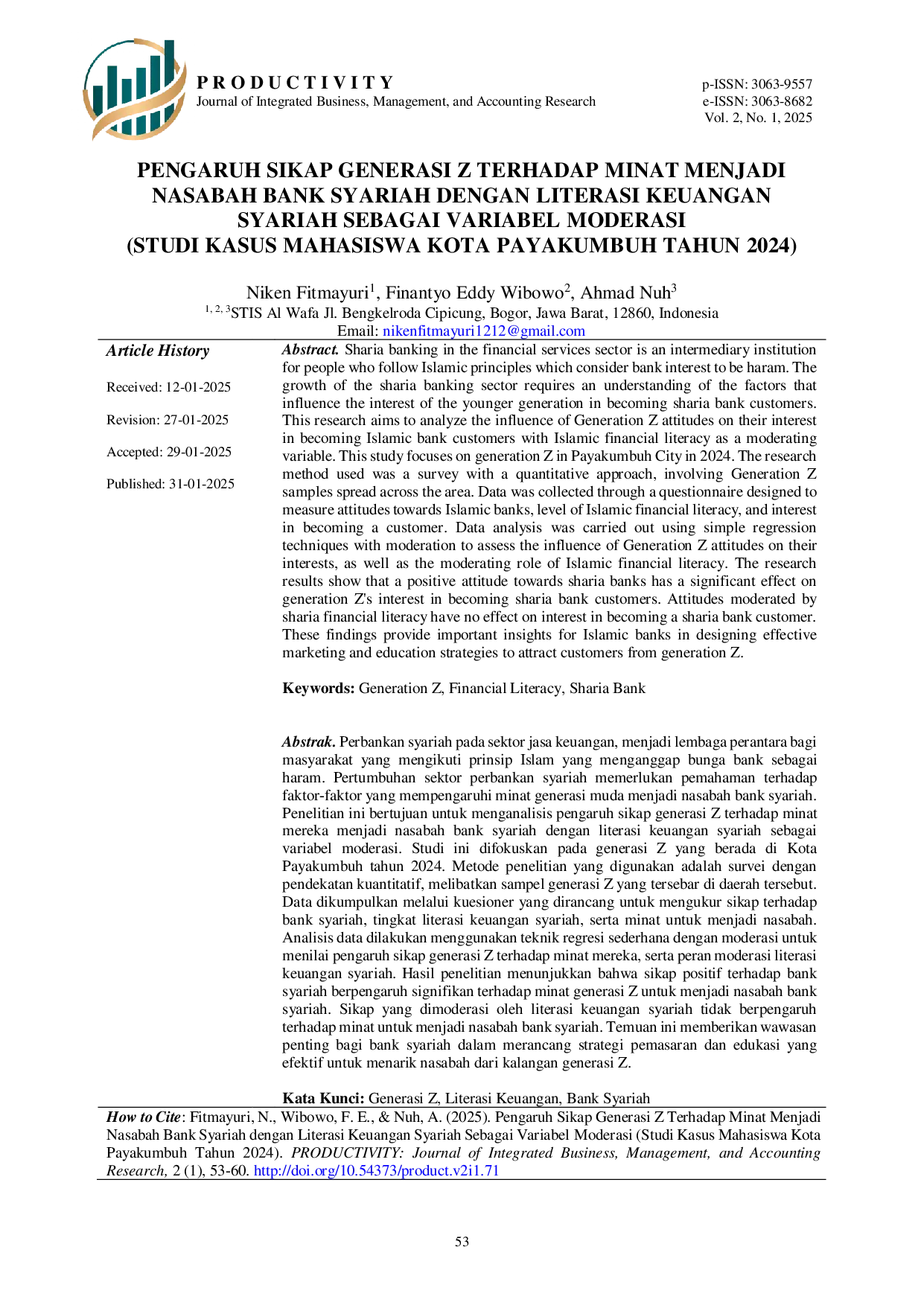 JURIS Pengaruh Sikap Generasi Z Terhadap Minat Menjadi Nasabah Bank Syariah dengan Literasi Keuangan Syariah Sebagai Variabel Moderasi Studi Kasus Mahasiswa Kota Payakumbuh Tahun 2024
