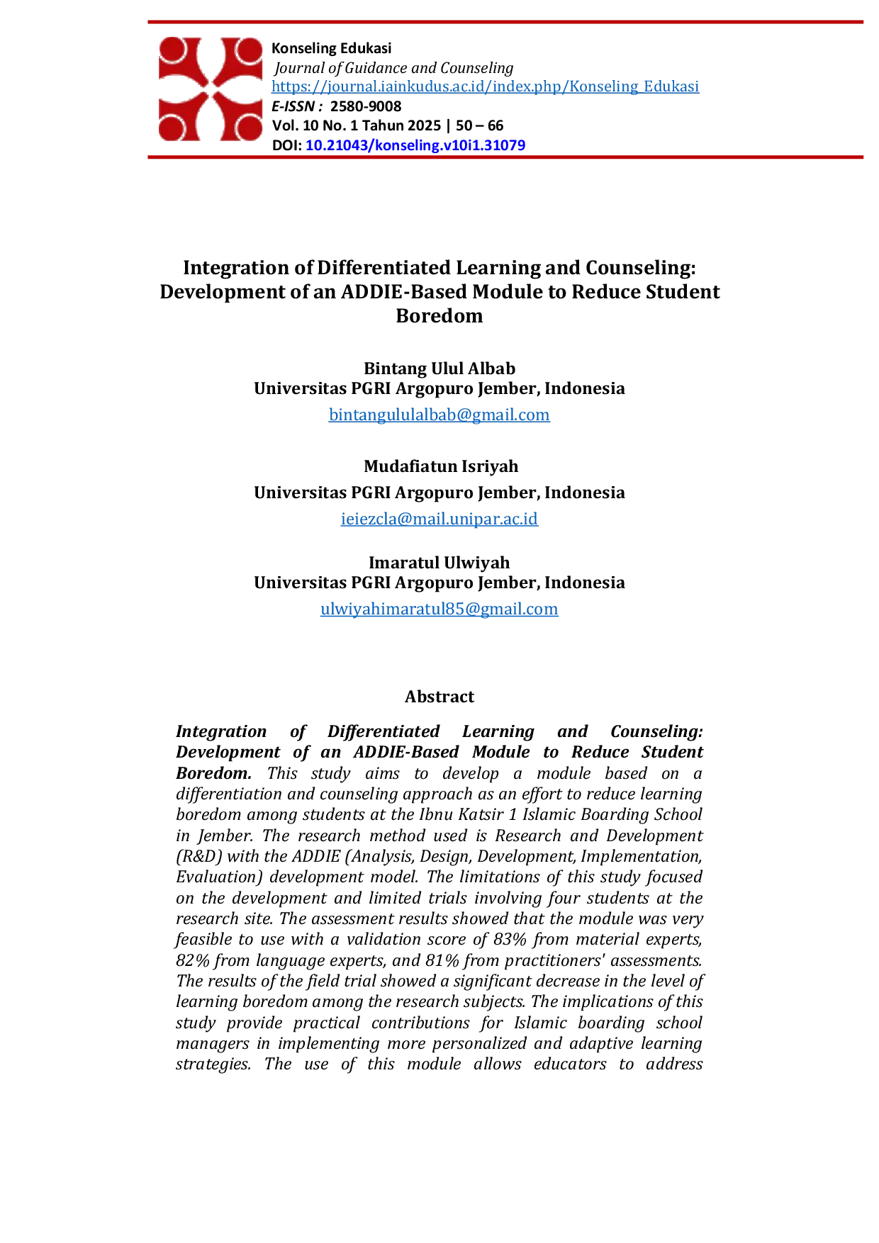 JURIS Integration of Differentiated Learning and Counseling Development of an ADDIE Based Module to Reduce Student Boredom