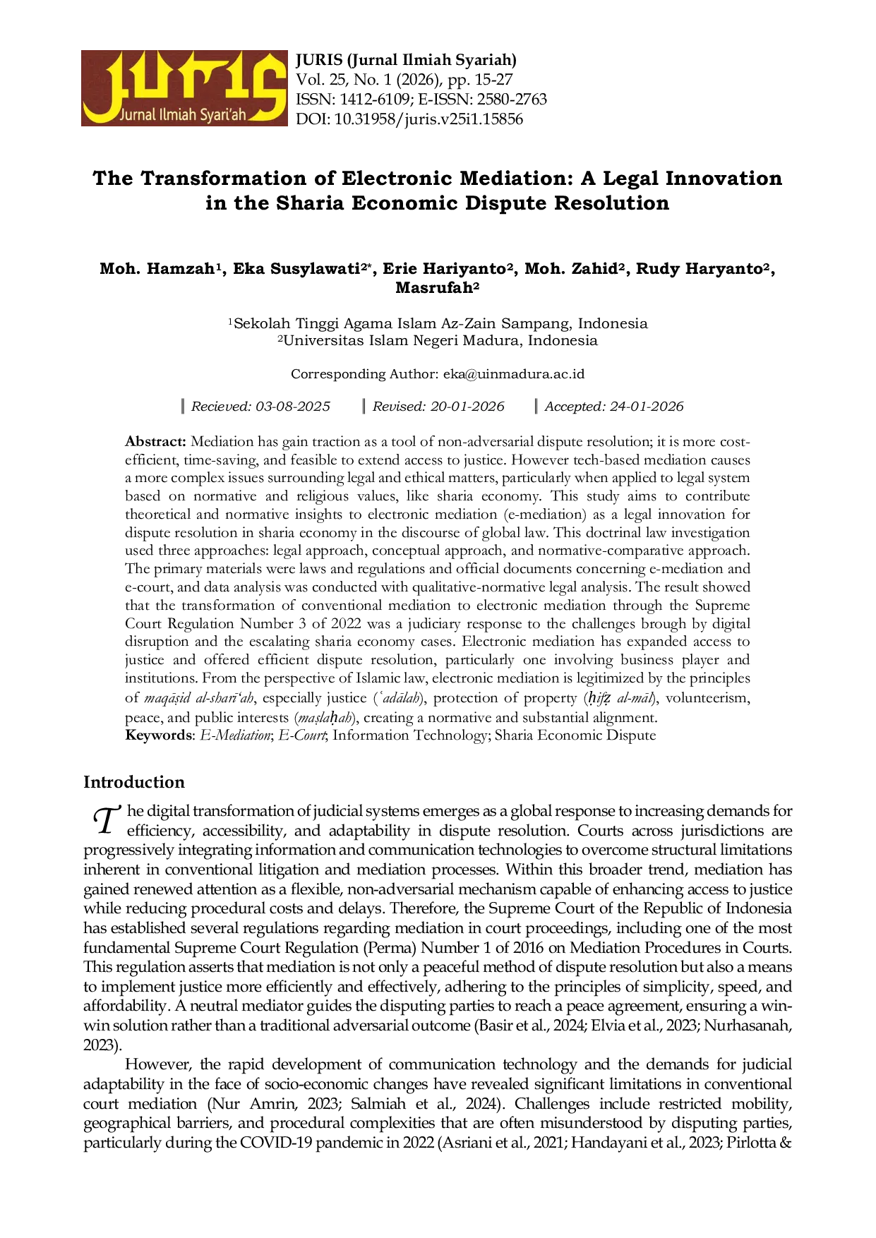 JURIS The Transformation of Electronic Mediation A Legal Innovation in the Sharia Economic Dispute Resolution