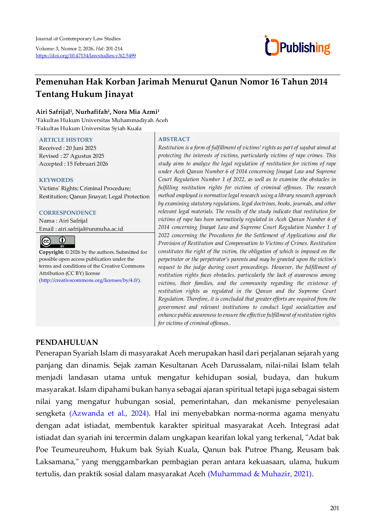 JURIS Pemenuhan Hak Korban Jarimah Menurut Qanun Nomor 16 Tahun 2014 Tentang Hukum Jinayat