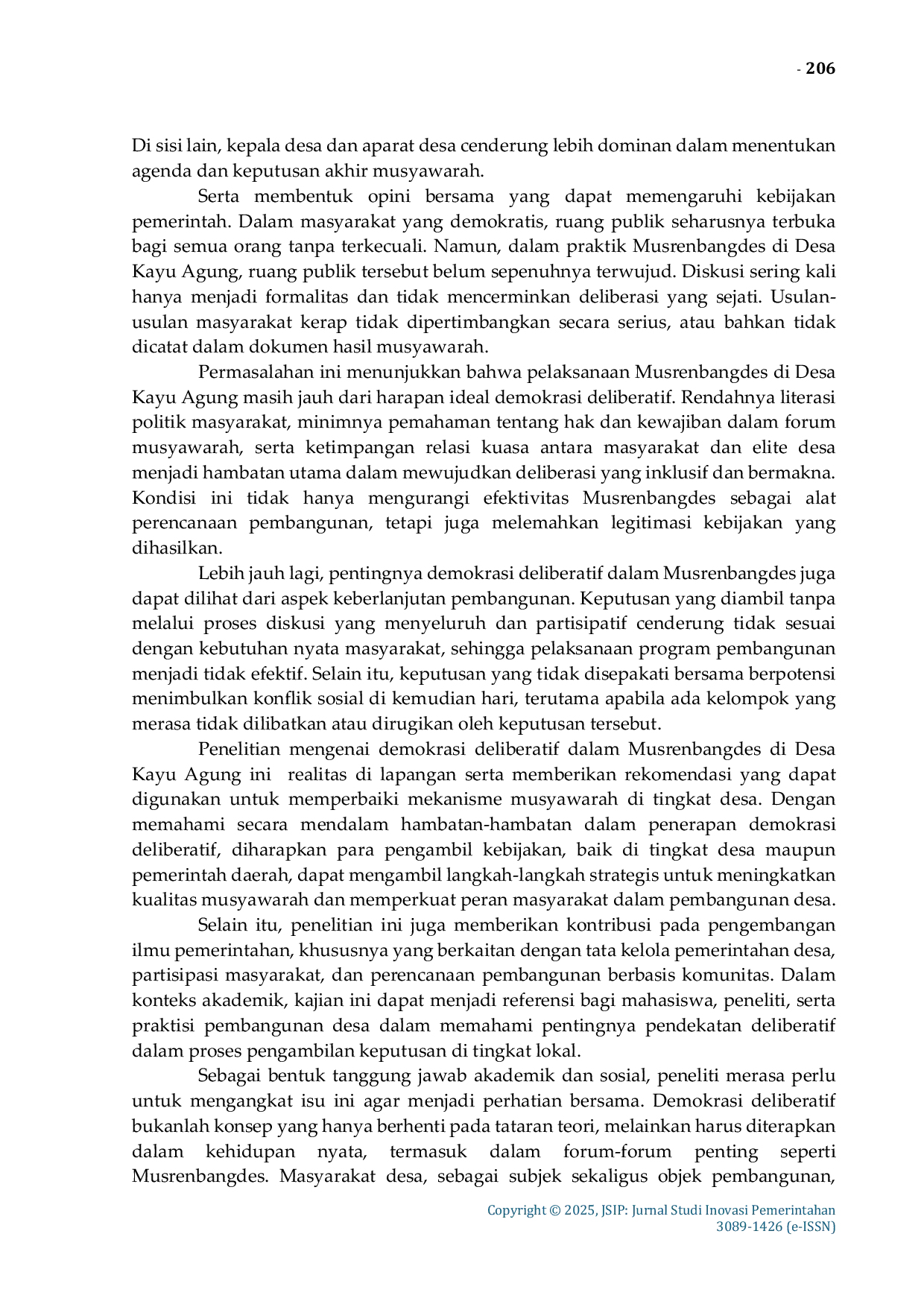 JURIS Demokrasi Deliberatif dalam Musyawarah Rencana Pembangunan Desa di Desa Kayu Agung Kecamatan Mepanga Kabupaten Parigi Moutong