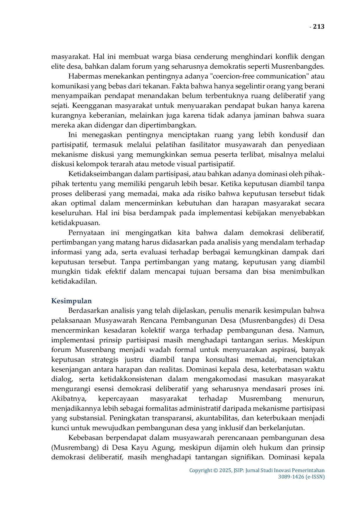 JURIS Demokrasi Deliberatif dalam Musyawarah Rencana Pembangunan Desa di Desa Kayu Agung Kecamatan Mepanga Kabupaten Parigi Moutong