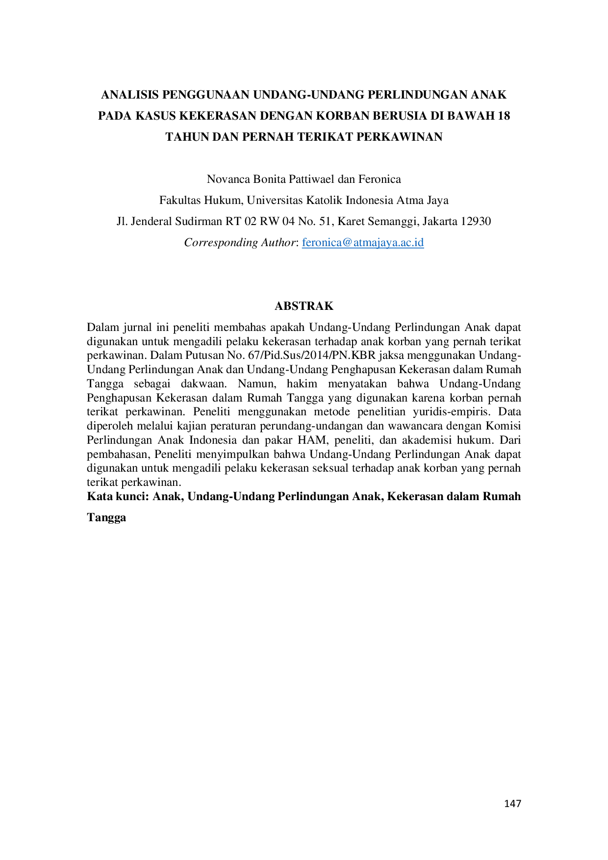 juris Analisis Penggunaan Undang Undang Perlindungan Anak Pada Kasus Kekerasan Dengan Korban Berusia Di Bawah 18 Tahun Dan Pernah Terikat Perkawinan