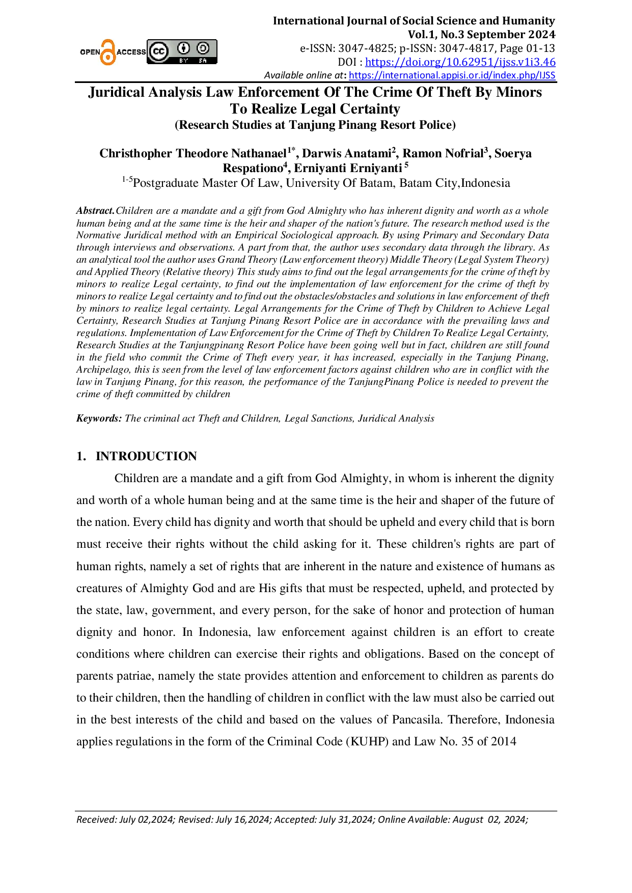 JURIS Juridical Analysis Law Enforcement Of The Crime Of Theft By Minors To Realize Legal Certainty Research Studies at Tanjung Pinang Resort Police