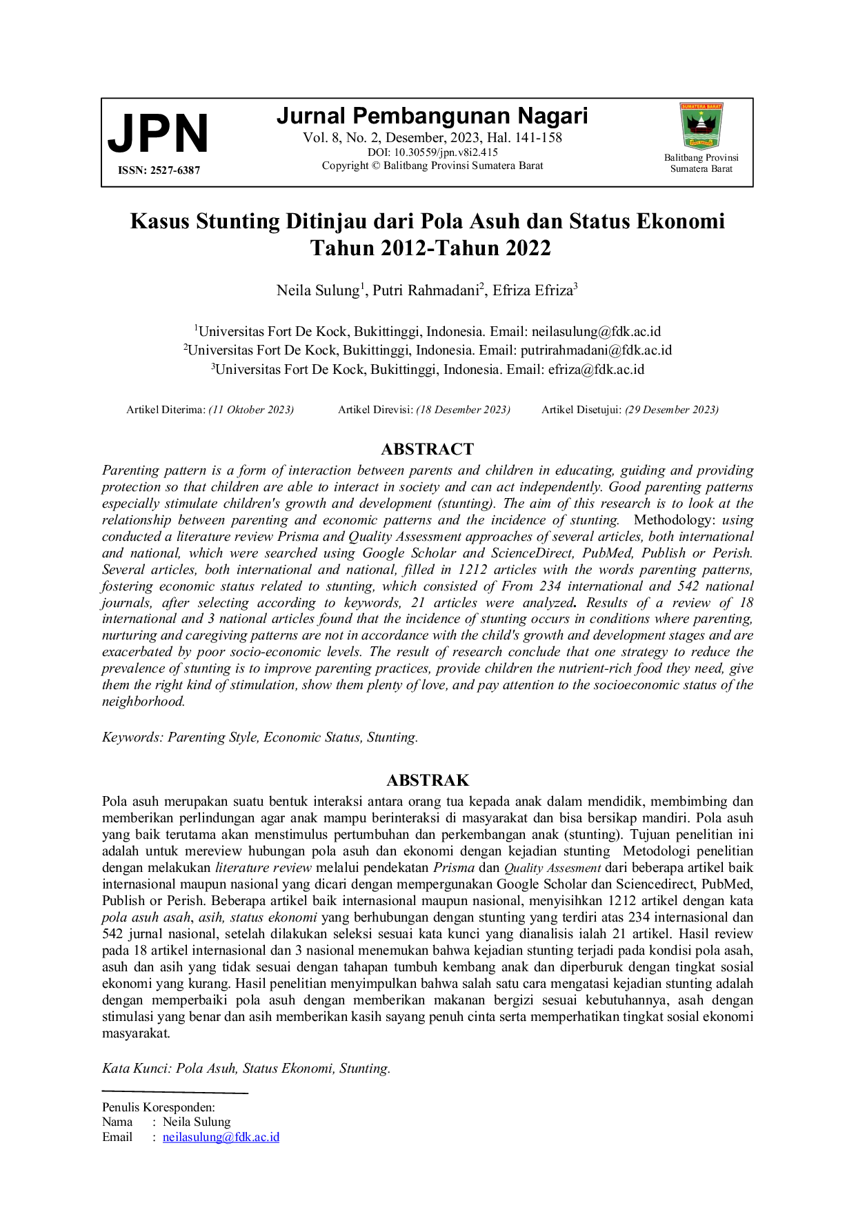 JURIS Kasus Stunting Ditinjau dari Pola Asuh dan Status Ekonomi Tahun 2012 Tahun 2022