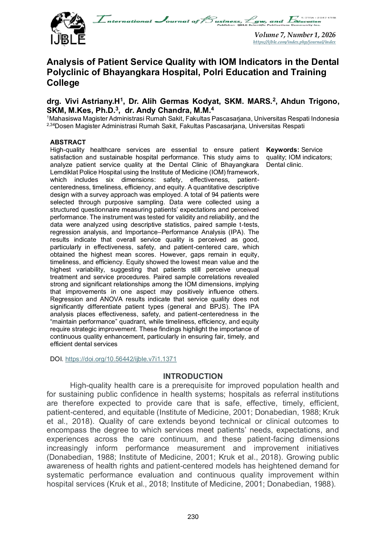 JURIS Analysis of Patient Service Quality with IOM Indicators in the Dental Polyclinic of Bhayangkara Hospital Polri Education and Training College