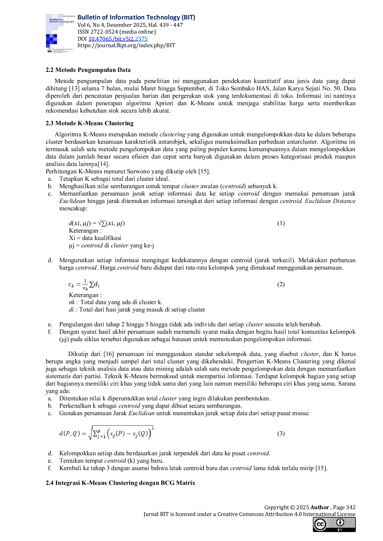 JURIS Penerapan Algoritma K Means dan Apriori dalam Manajemen Stok UMKM Toko Sembako Berbasis Analisis BCG Matrix