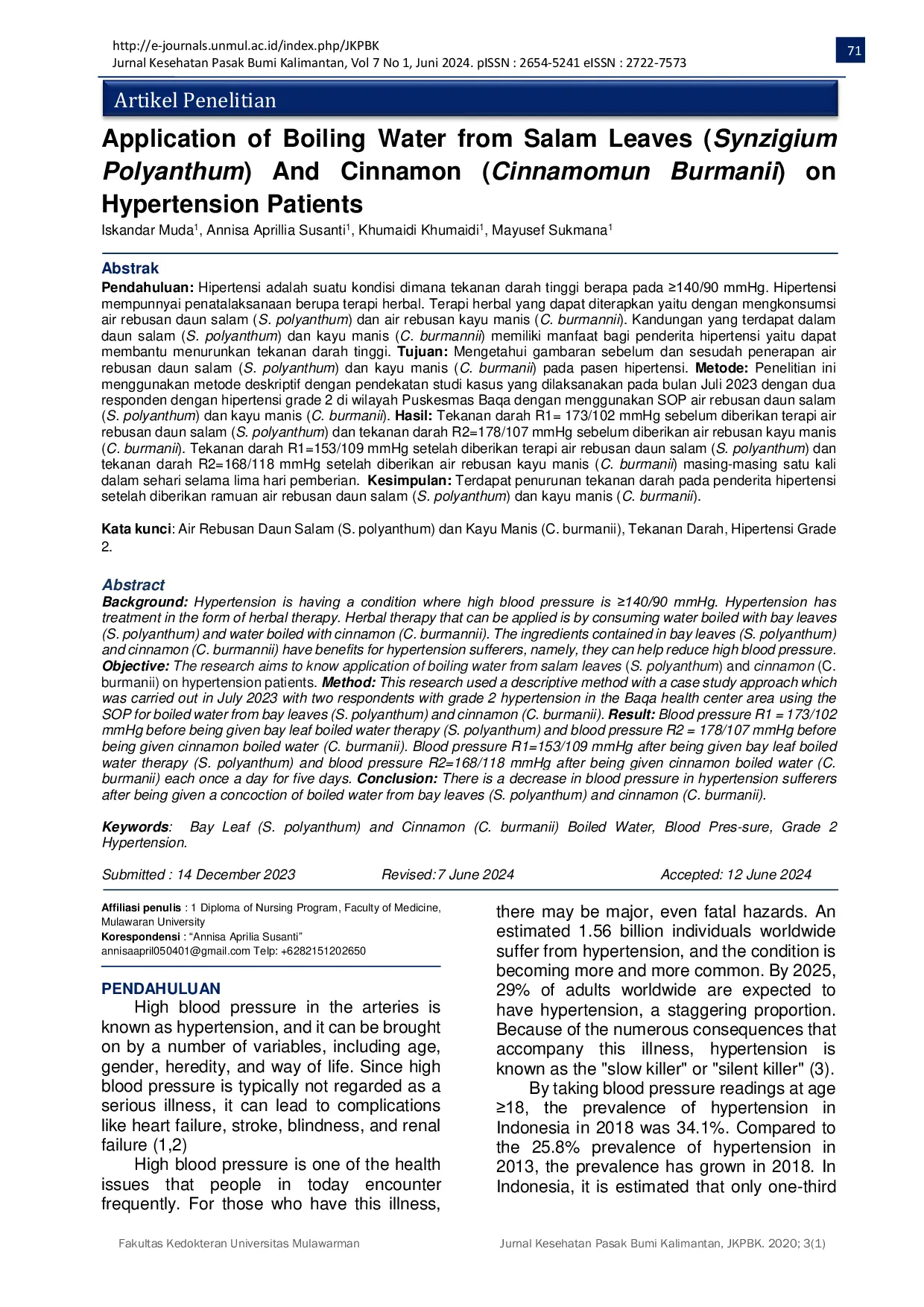 JURIS Application of Boiling Water from Salam Leaves Synzigium Polyanthum And Cinnamon Cinnamomun Burmanii on Hypertension Patients