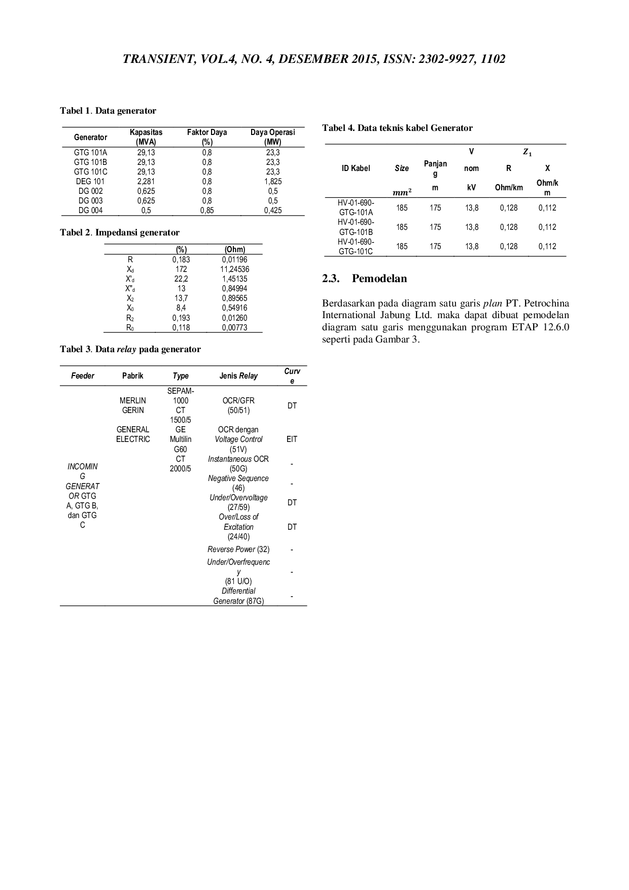 JURIS Evaluasi Setting Relay Proteksi Generator Pada Plan PT Petrochina International Jabung Ltd Betara Complex Development Project Menggunakan Simulasi Etap 12 6 0