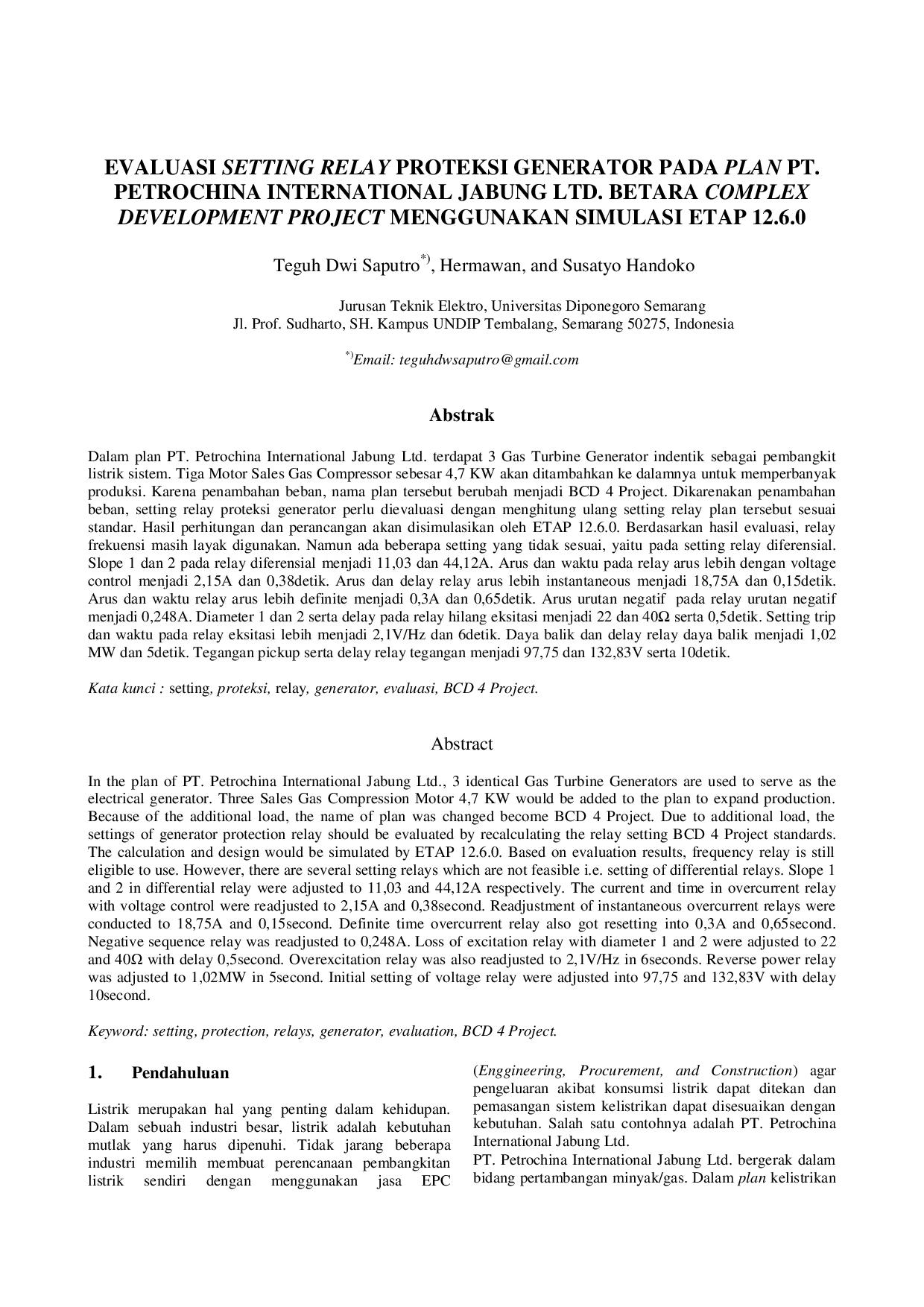 JURIS Evaluasi Setting Relay Proteksi Generator Pada Plan PT Petrochina International Jabung Ltd Betara Complex Development Project Menggunakan Simulasi Etap 12 6 0