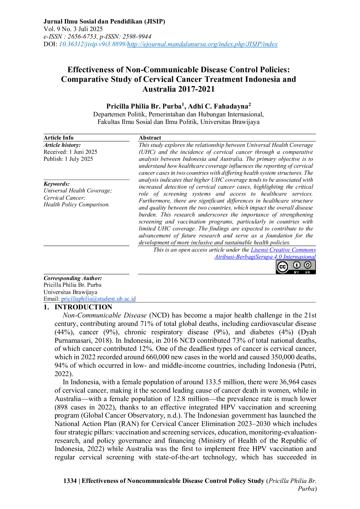 JURIS Effectiveness of Non Communicable Disease Control Policies Comparative Study of Cervical Cancer Treatment Indonesia and Australia 2017 2021