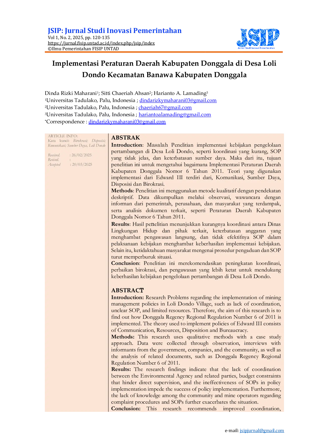 JURIS Implementasi Peraturan Daerah Kabupaten Donggala di Desa Loli Dondo Kecamatan Banawa Kabupaten Donggala