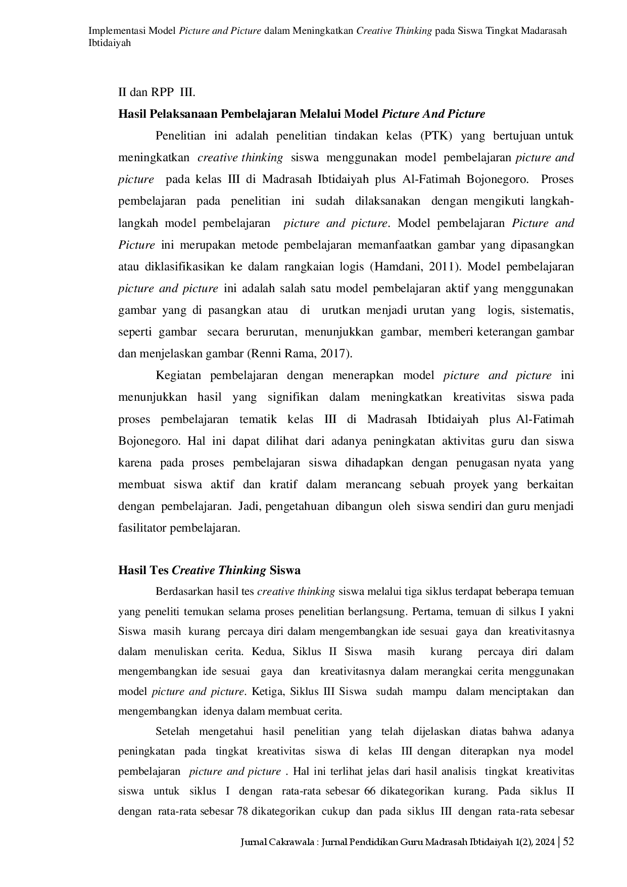 juris Implementasi Model Picture and Picture dalam Meningkatkan Creative Thinking pada Siswa Tingkat Madrasah Ibtidaiyah