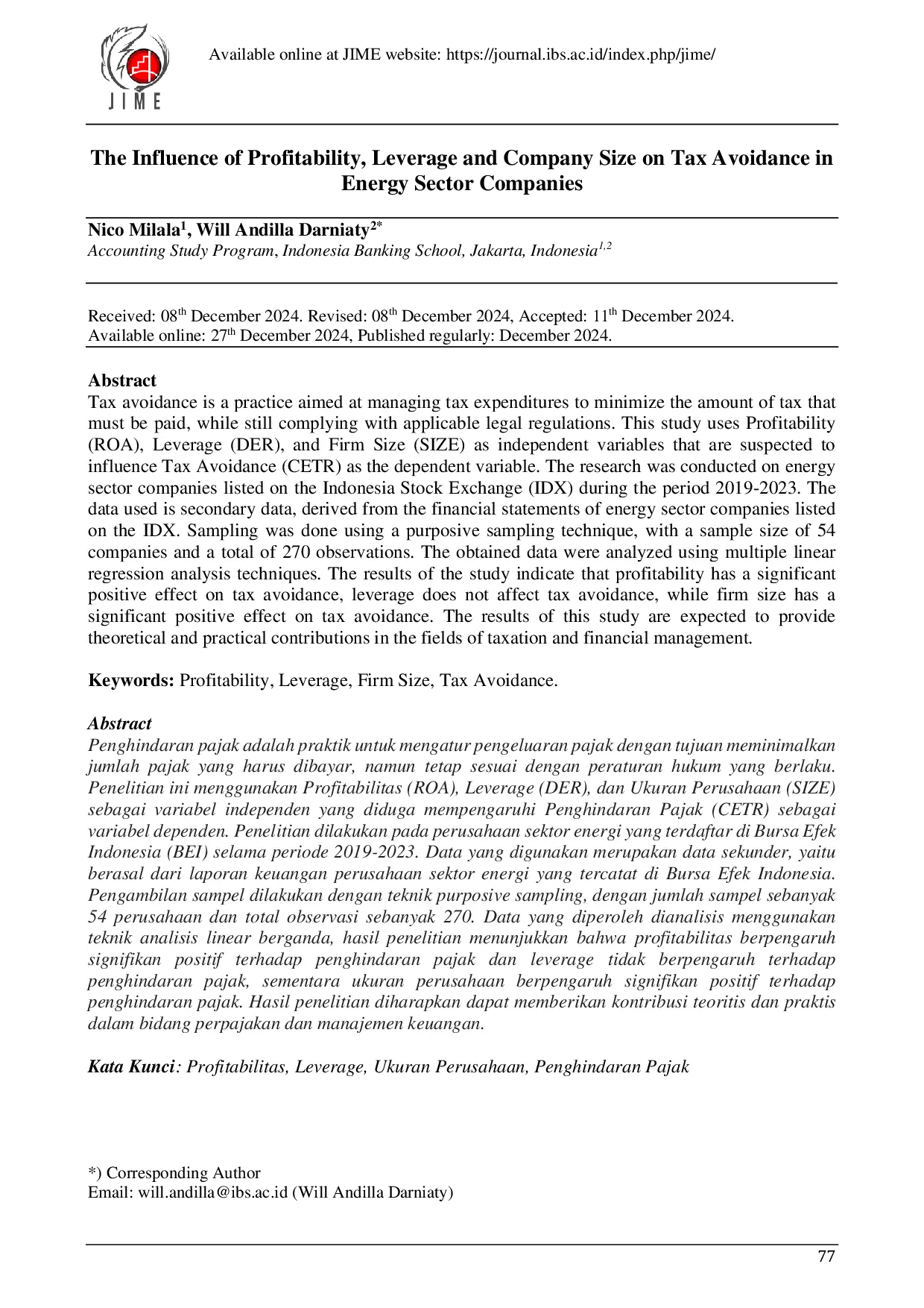 JURIS The Influence of Profitability Leverage and Company Size on Tax Avoidance in Energy Sector Companies