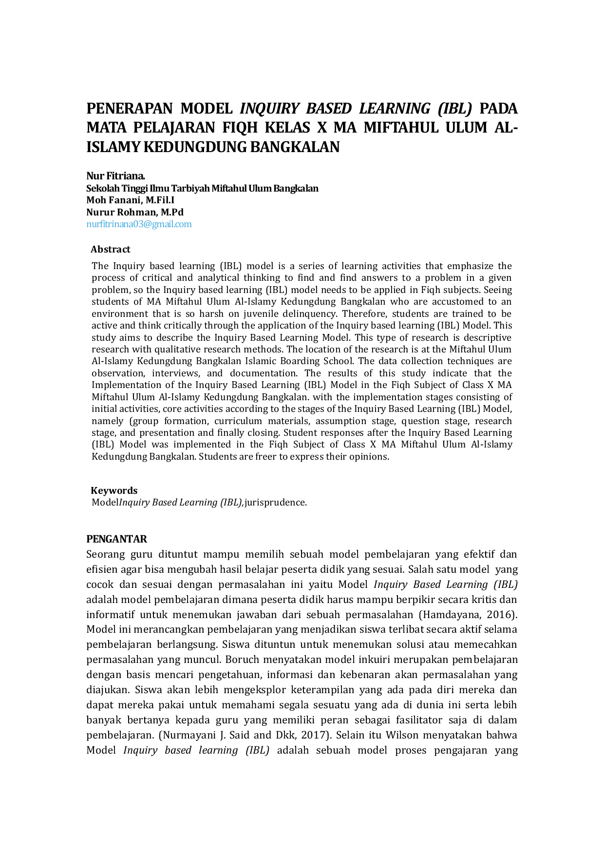 JURIS Penerapan Model Inquiry Based Learning IBL Pada Mata Pelajaran Fiqh Kelas X MA Miftahul Ulum Al Islamy Kedungdung Bangkalan
