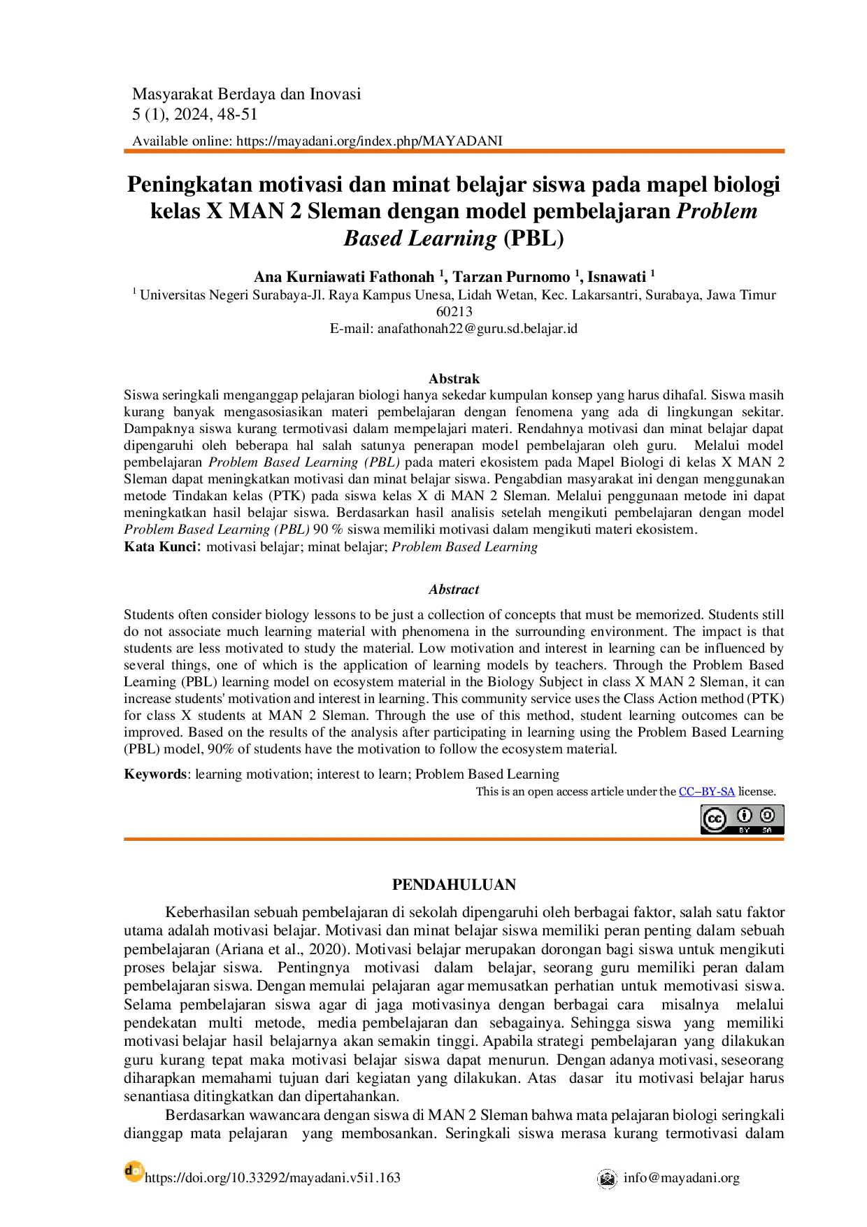 JURIS Peningkatan Motivasi Dan Minat Belajar Siswa Pada Mapel Biologi Kelas X MAN 2 Sleman Dengan Model Pembelajaran Problem Based Learning PBL