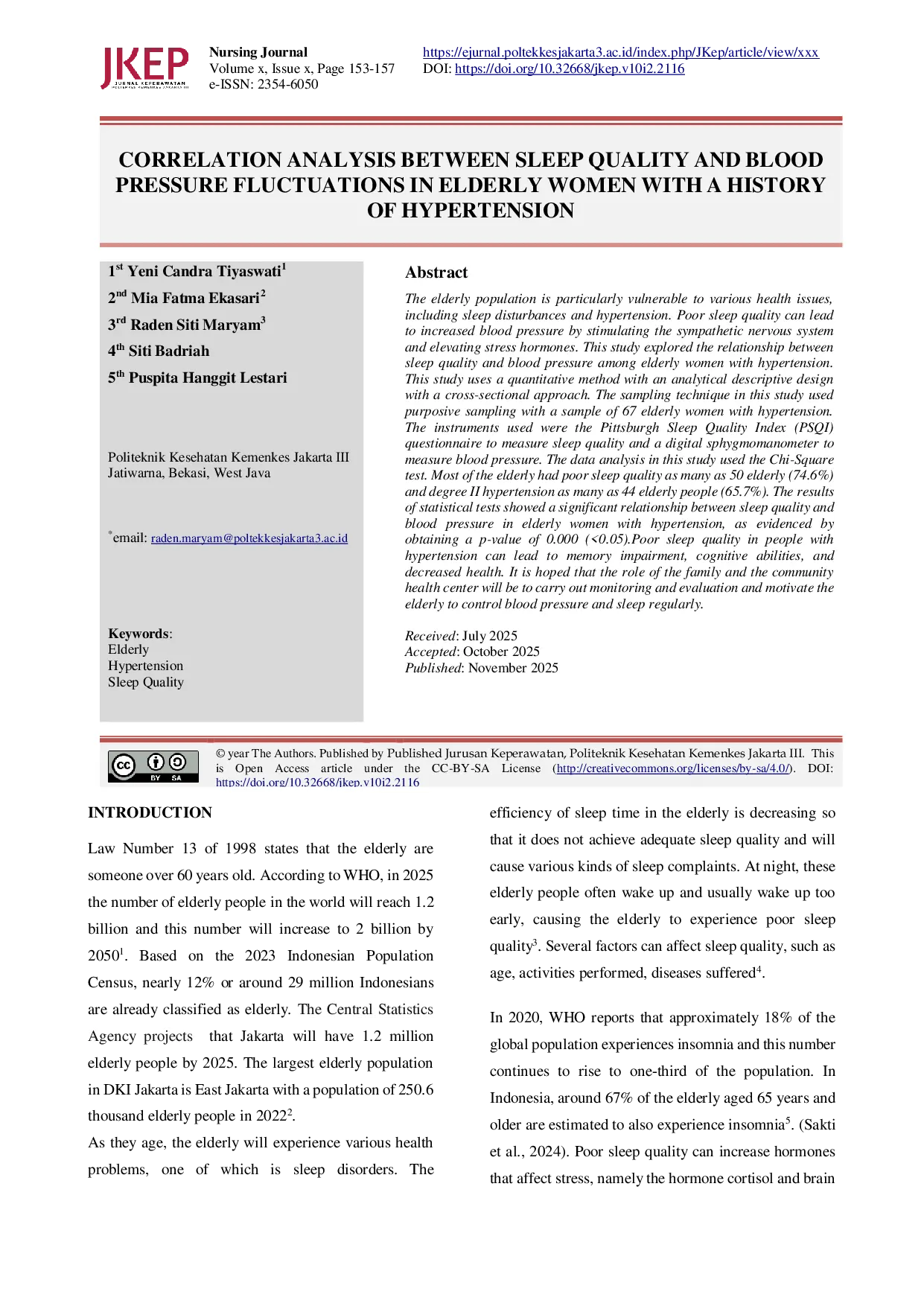 JURIS Correlation Analysis Between Sleep Quality And Blood Pressure Fluctuations In Elderly Women With A History Of Hypertension
