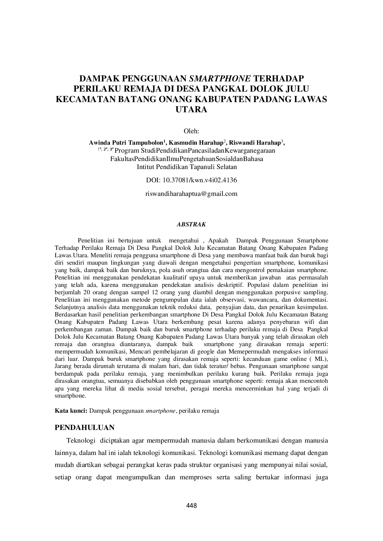 juris Dampak Penggunaan Smartphone Terhadap Perilaku Remaja di Desa Pangkal Dolok Julu Kecamatan Batang Onang Kabupaten Padang Lawas Utara
