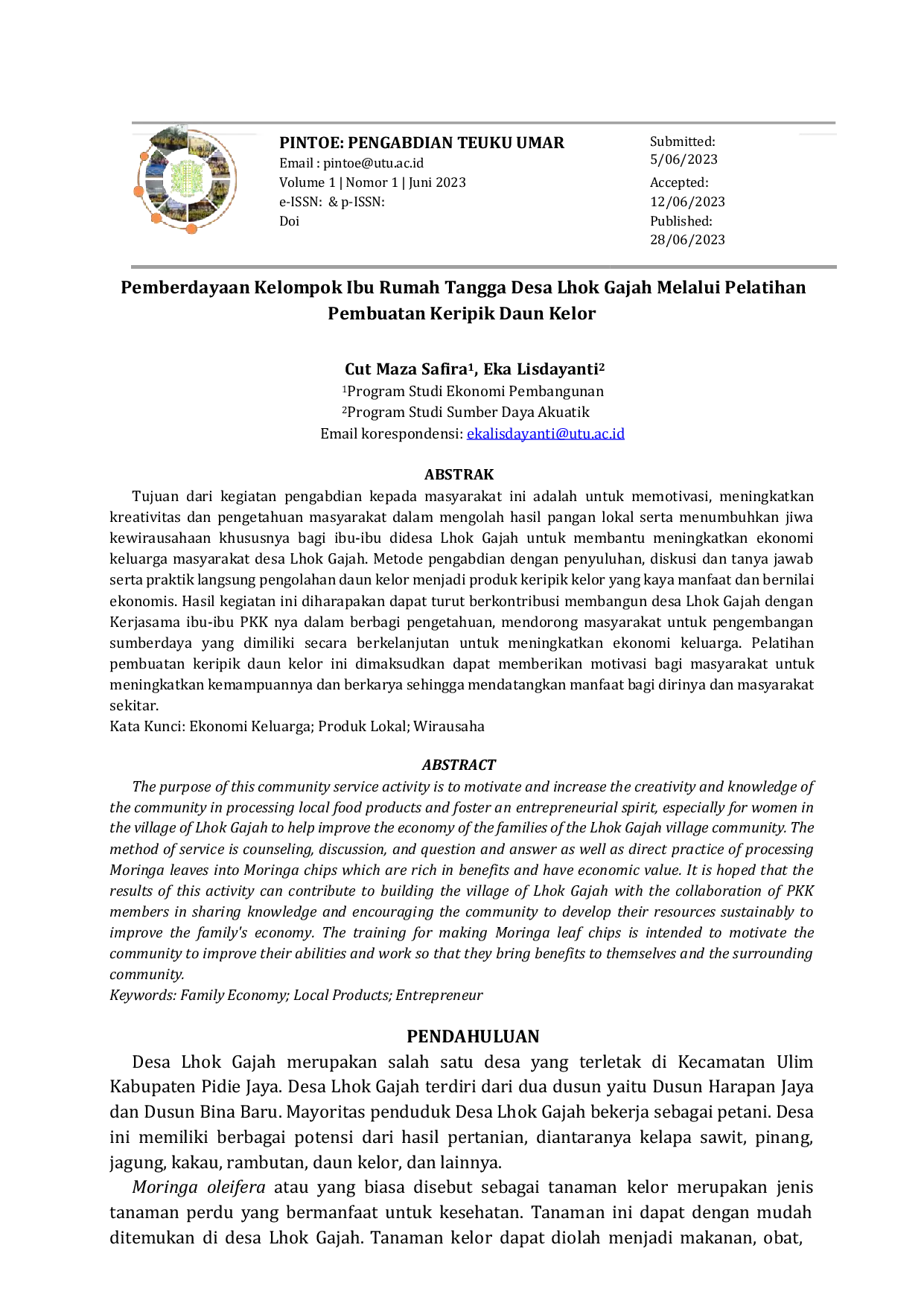 JURIS Pemberdayaan Ibu ibu Desa Lhok Gajah Melalui Pelatihan Pembuatan Keripik Daun Kelor