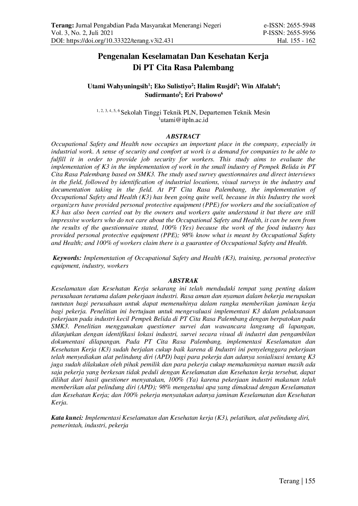 JURIS Pengenalan Keselamatan dan Kesehatan Kerja di PT Cita Rasa Palembang