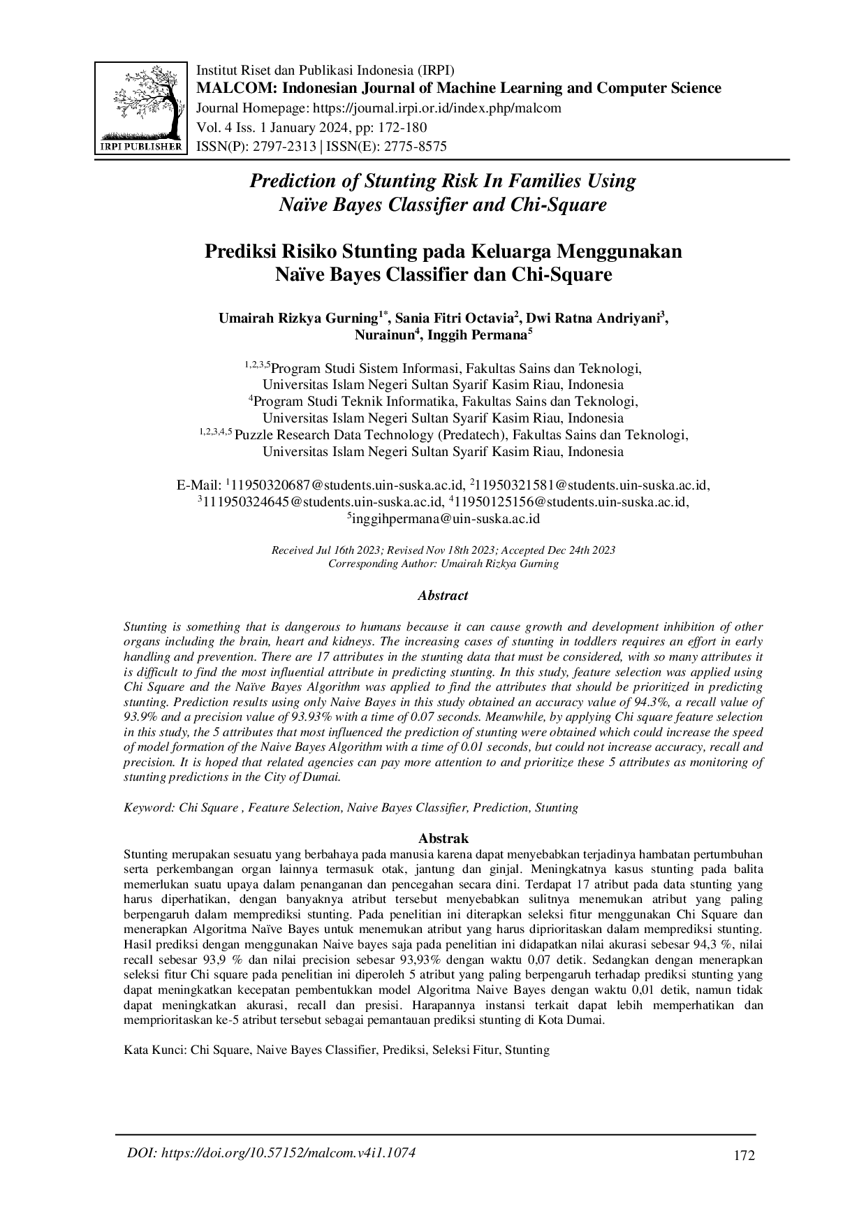 juris Prediksi Risiko Stunting pada Keluarga Menggunakan Na ve Bayes Classifier dan Chi Square