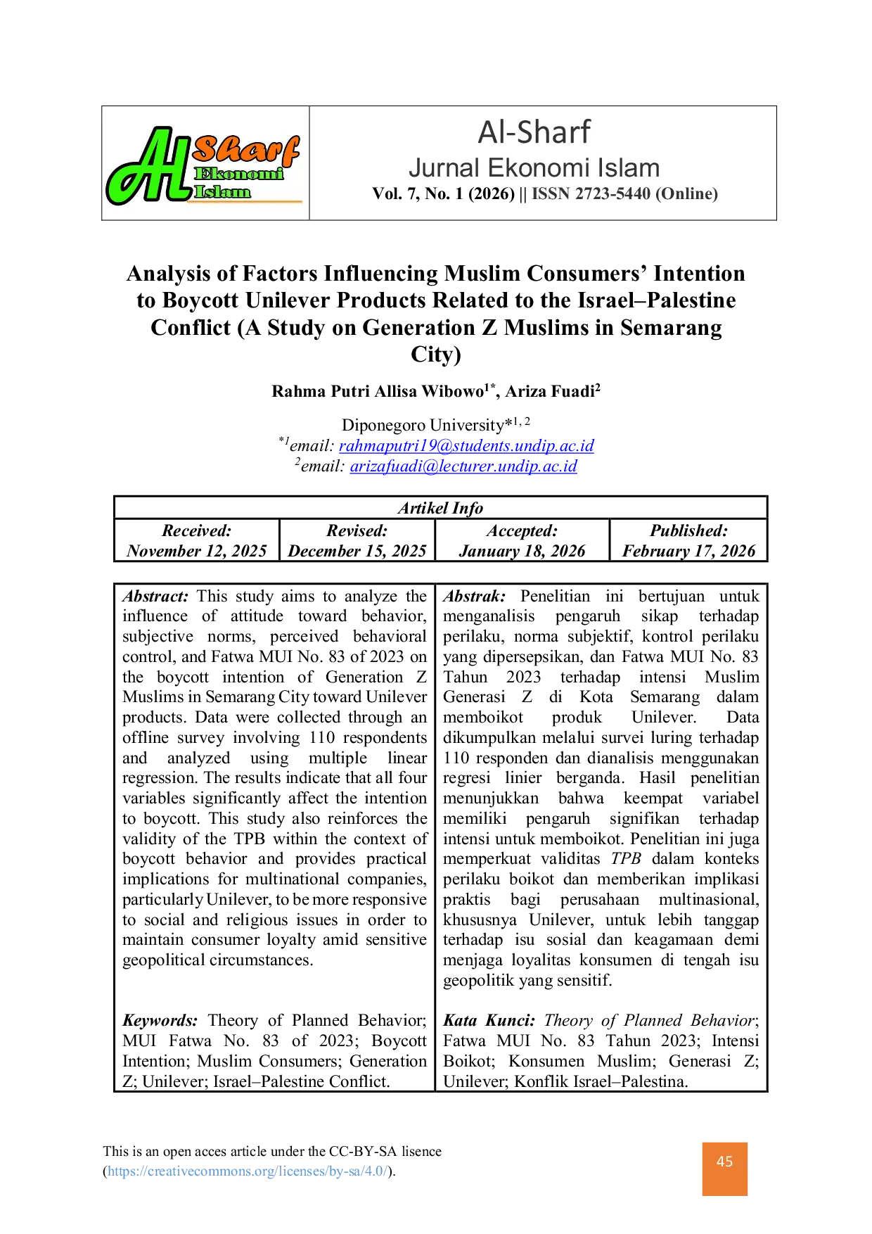 JURIS Analysis of Factors Influencing Muslim Consumers Intention to Boycott Unilever Products Related to the Israel Palestine Conflict A Study on Generation Z Muslims in Semarang City