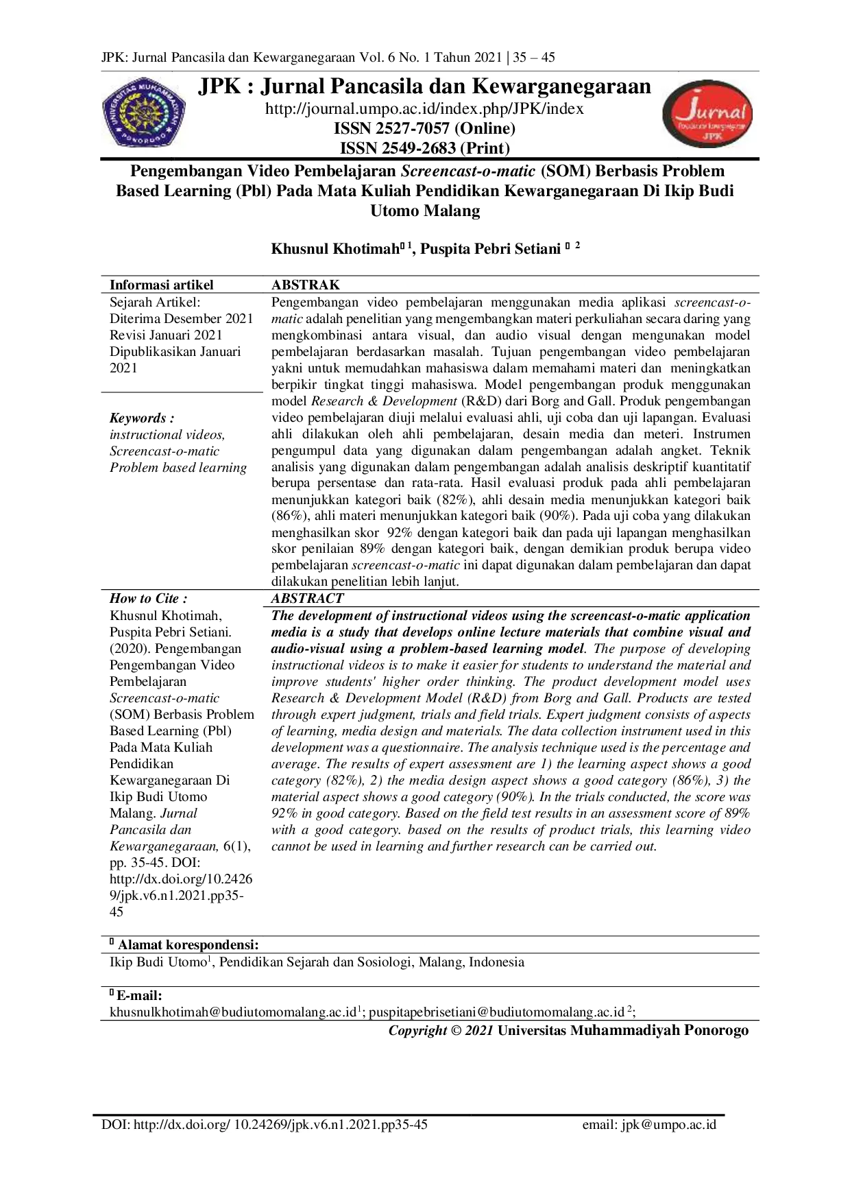 JURIS Pengembangan Video Pembelajaran Screencast o matic SOM Berbasis Problem Based Learning Pbl Pada Mata Kuliah Pendidikan Kewarganegaraan Di Ikip Budi Utomo Malang