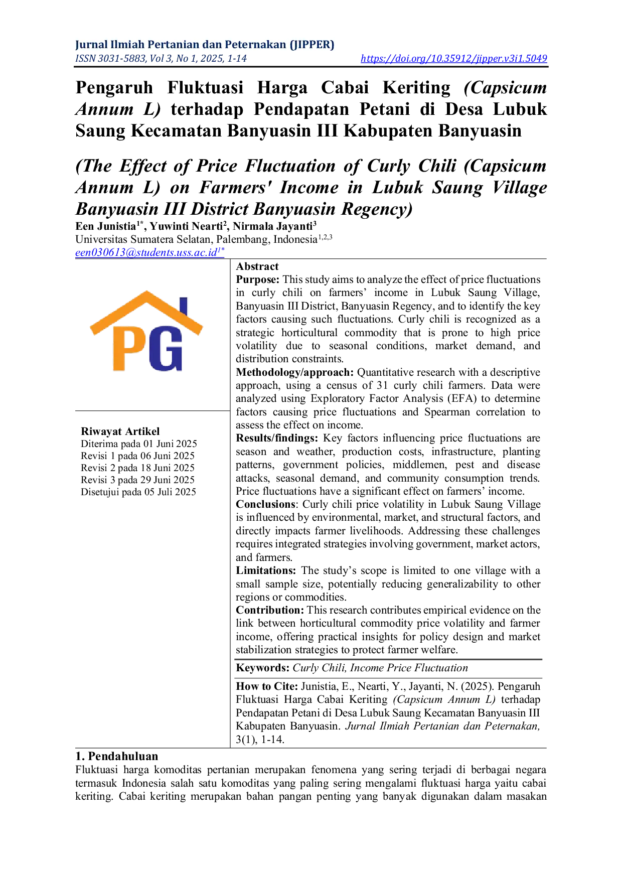 JURIS Pengaruh Fluktuasi Harga Cabai Keriting Capsicum Annum L terhadap Pendapatan Petani di Desa Lubuk Saung Kecamatan Banyuasin III Kabupaten Banyuasin