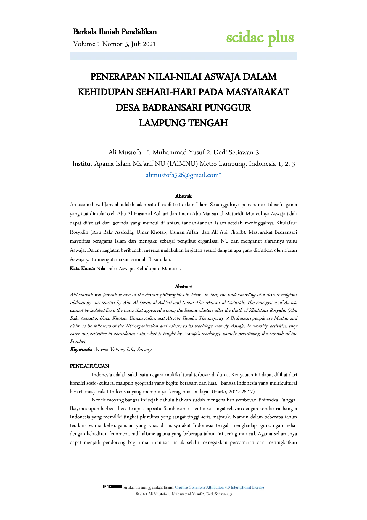 JURIS Penerapan Nilai Nilai Aswaja Dalam Kehidupan Sehari Hari Pada Masyarakat Desa Badransari Punggur Lampung Tengah