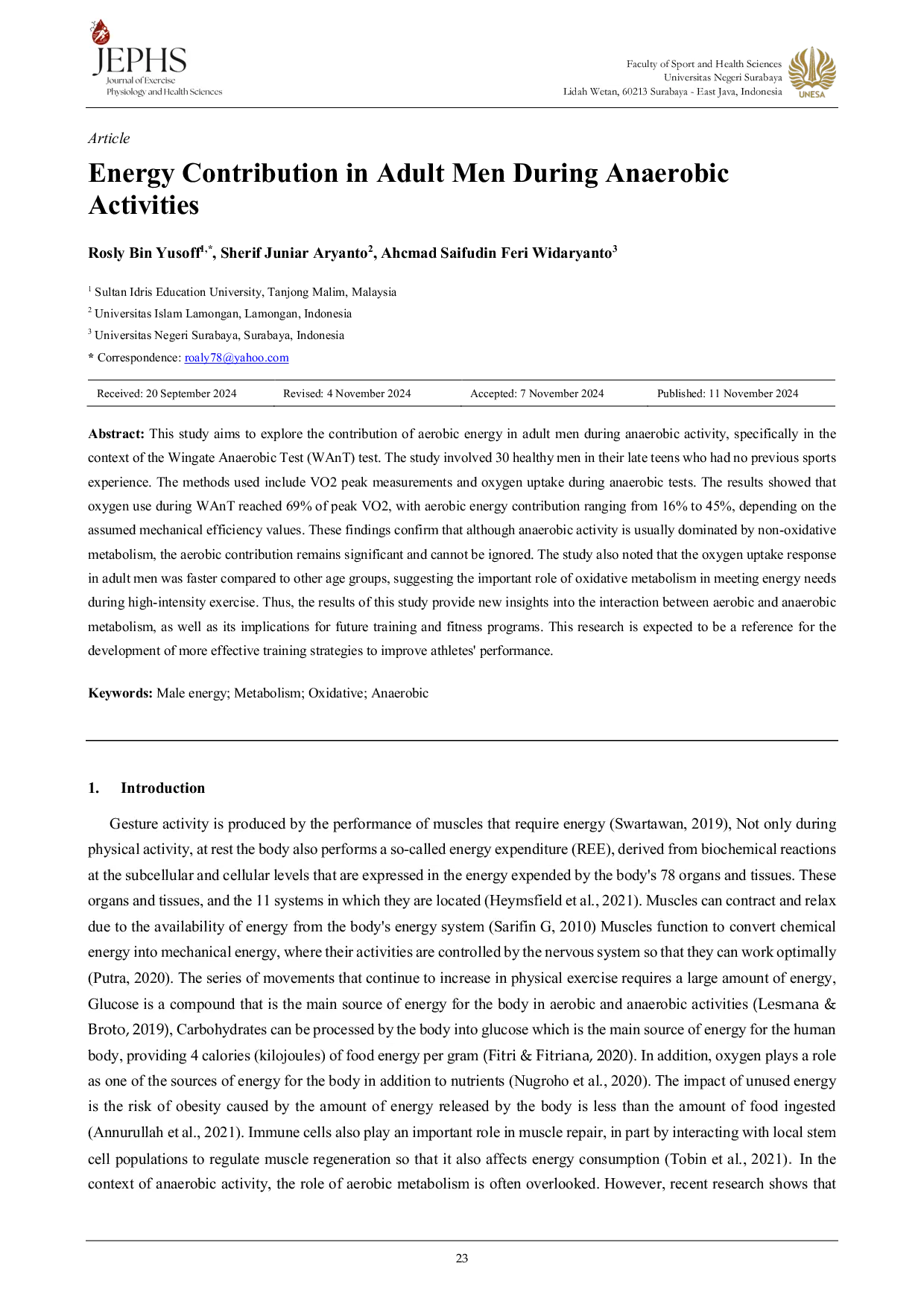 JURIS Energy Contribution in Adult Men During Anaerobic Activities
