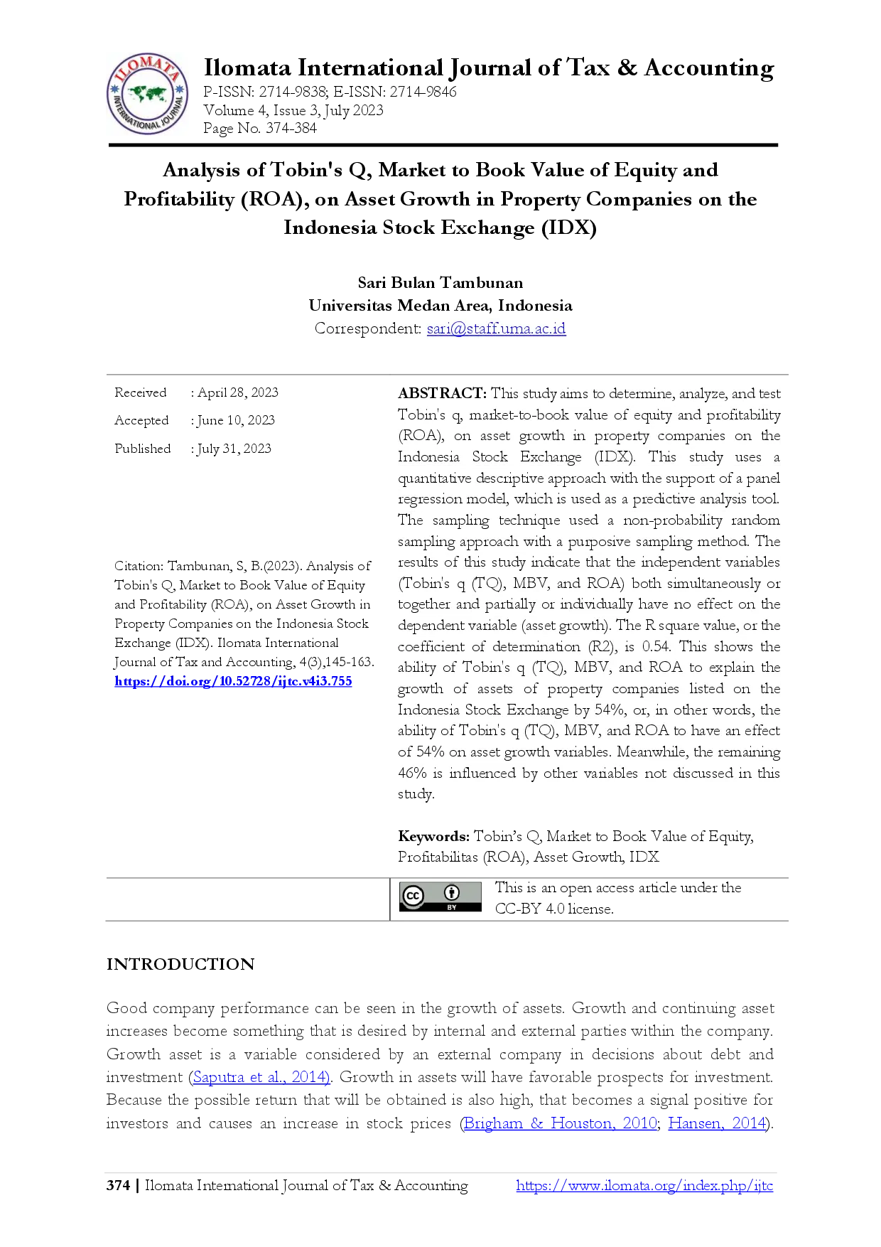 juris Analysis of Tobin s Q Market to Book Value of Equity and Profitability ROA on Asset Growth in Property Companies on the Indonesia Stock Exchange IDX