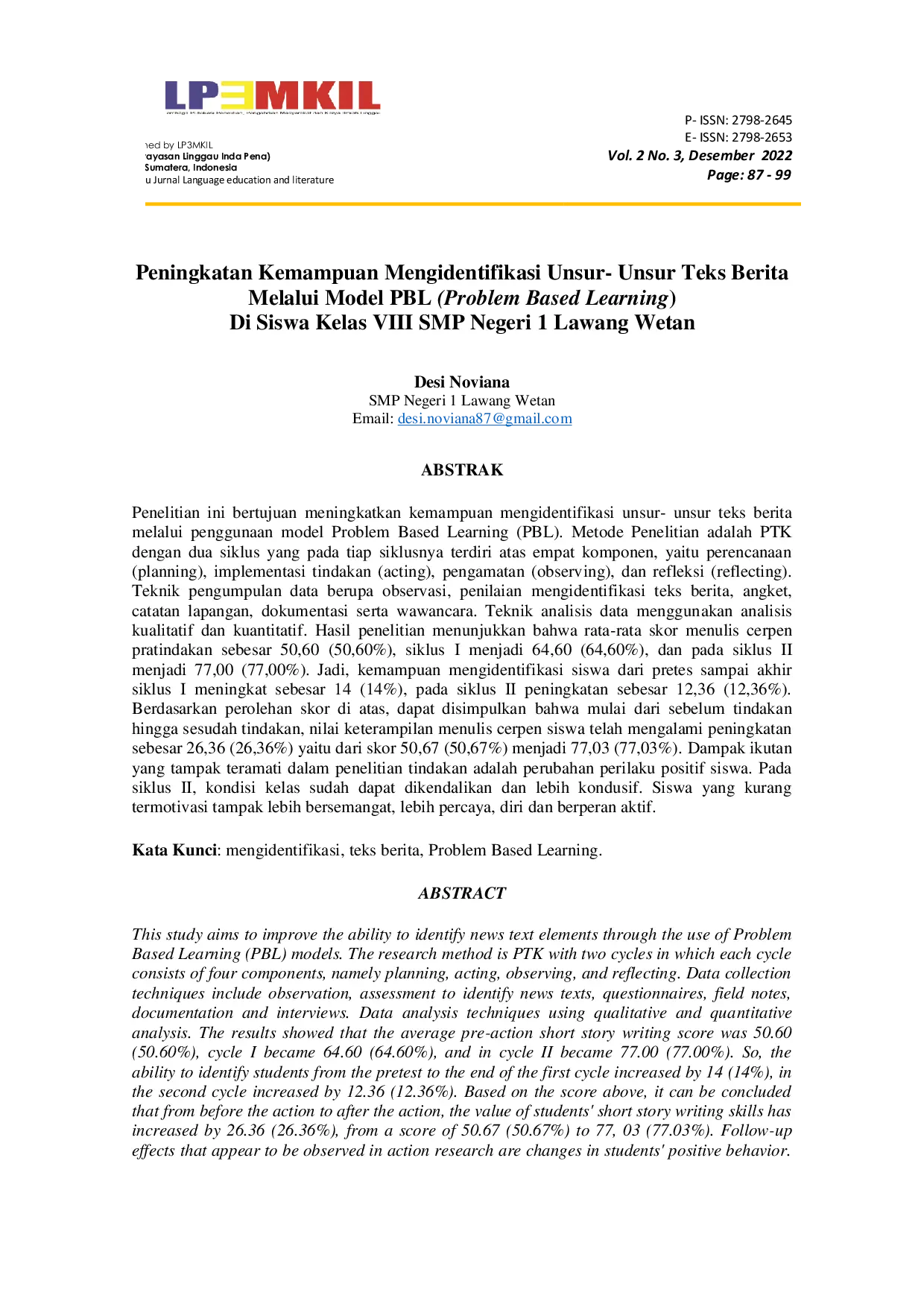 JURIS Peningkatan Kemampuan Mengidentifikasi Unsur Unsur Teks Berita Melalui Model PBL Problem Based Learning Di Siswa Kelas VIII SMP Negeri 1 Lawang Wetan