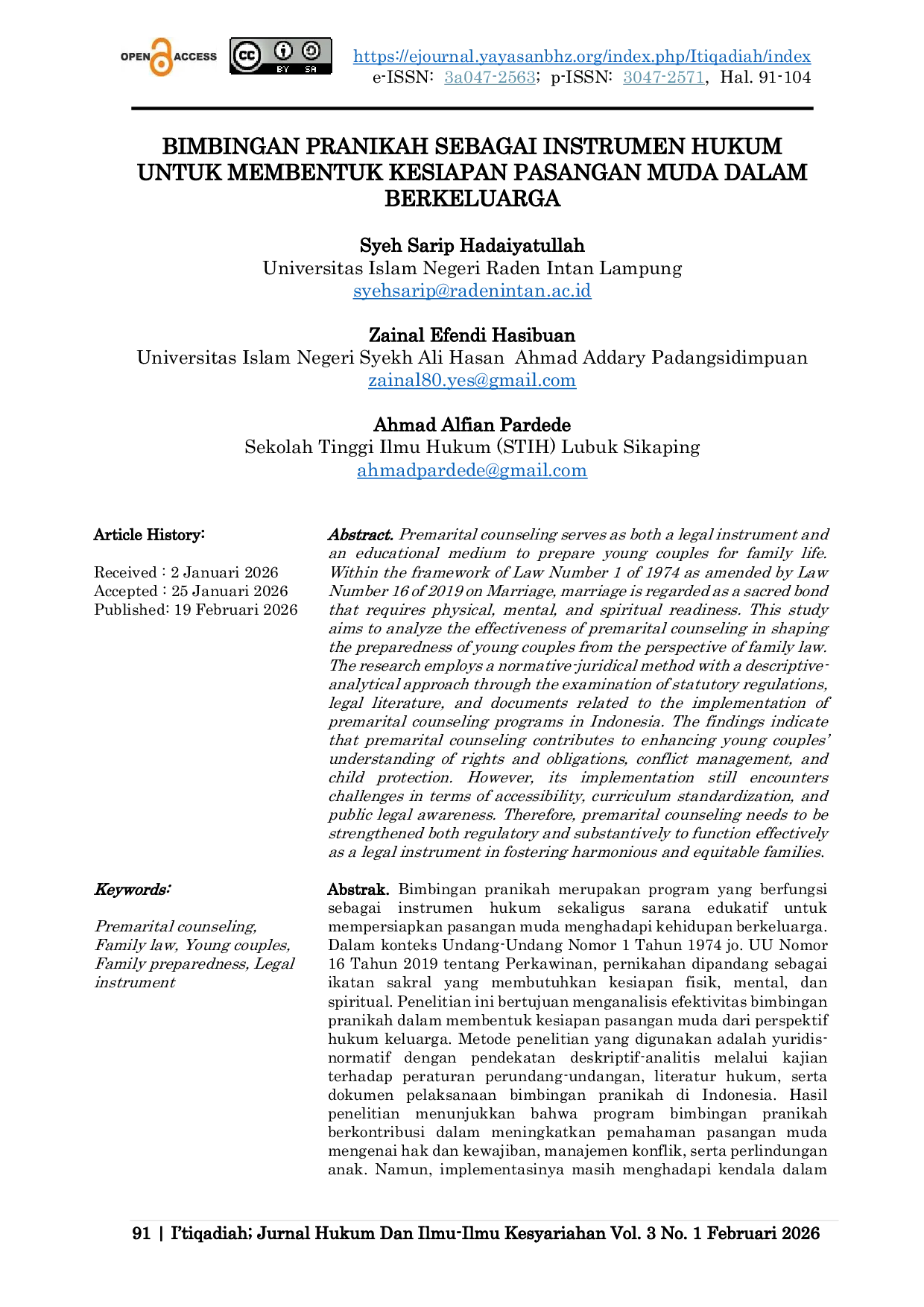 JURIS Bimbingan Pranikah Sebagai Instrumen Hukum Untuk Membentuk Kesiapan Pasangan Muda Dalam Berkeluarga