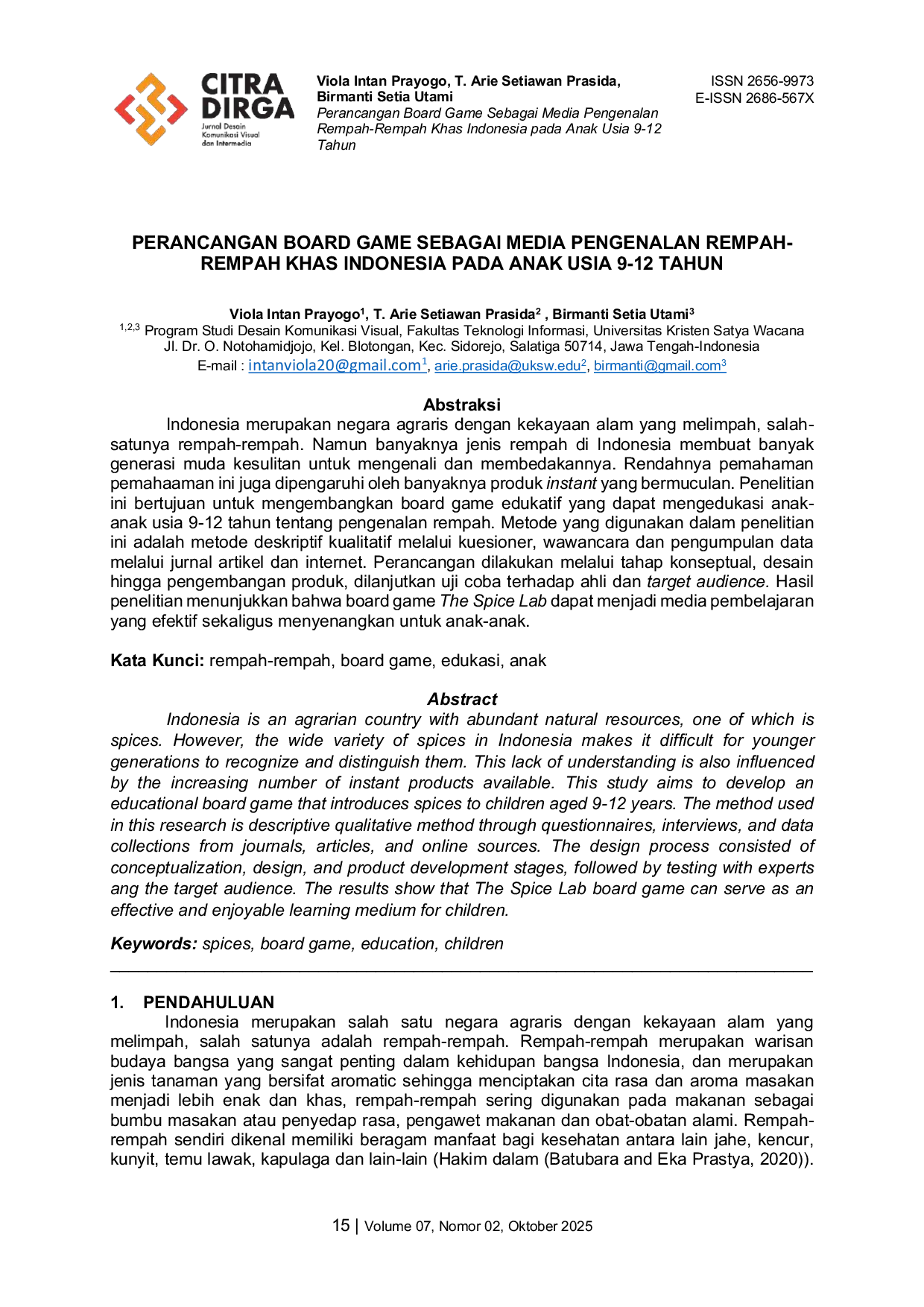 JURIS Perancangan Board Game Sebagai Media Pengenalan Rempah rempah Khas Indonesia Pada Anak Usia 9 12 Tahun