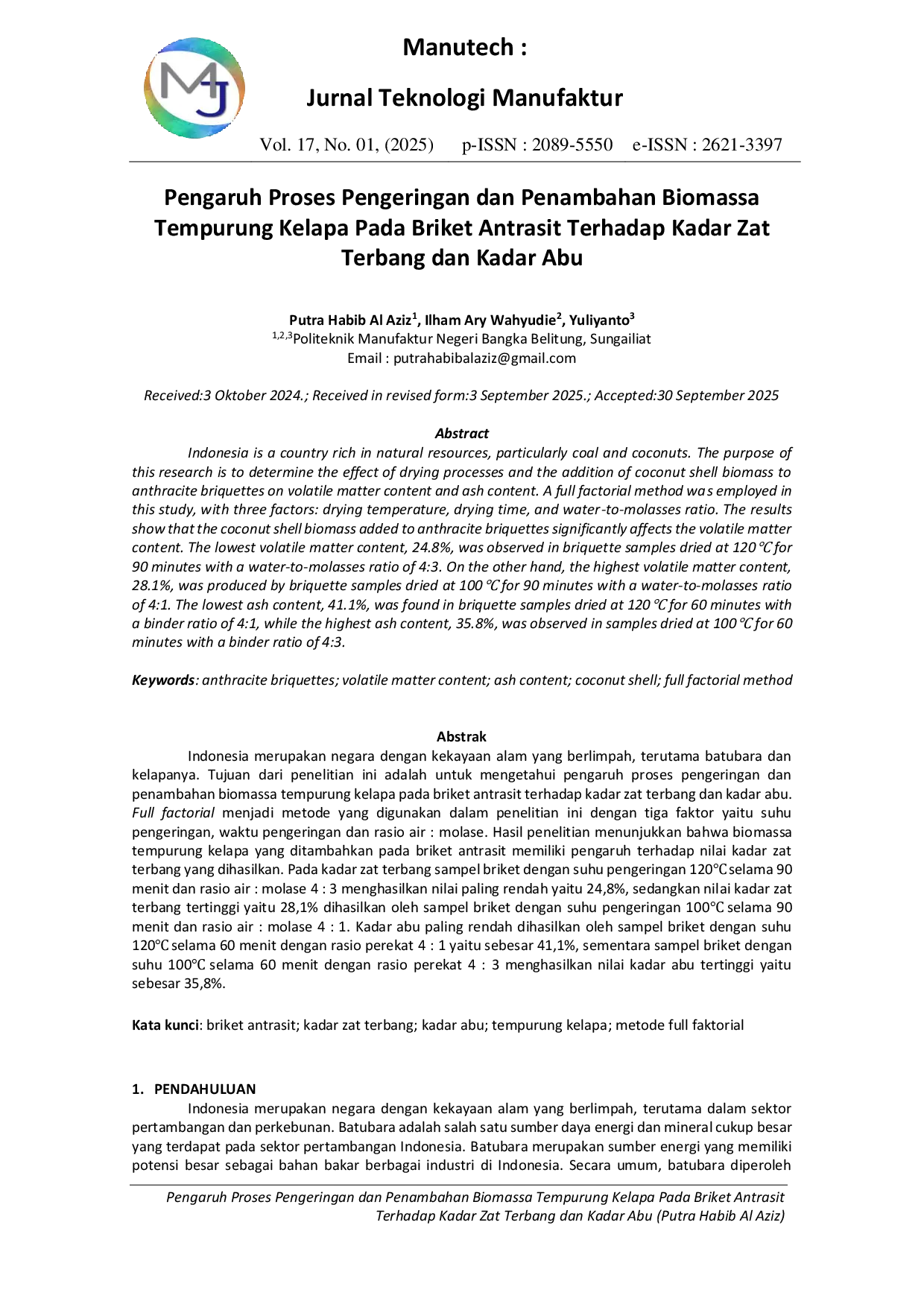 JURIS Pengaruh Proses Pengeringan dan Penambahan Biomassa Tempurung Kelapa Pada Briket Antrasit Terhadap Kadar Zat Terbang dan Kadar Abu