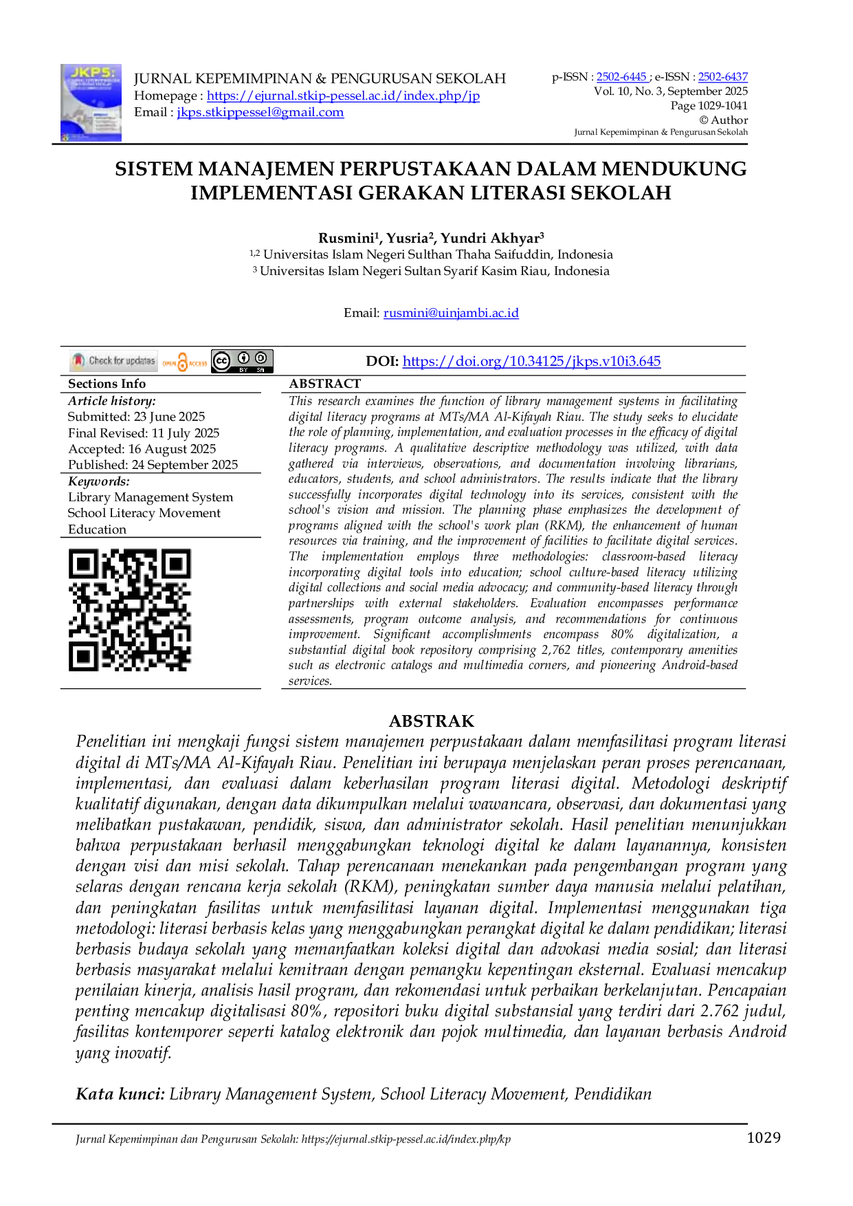 JURIS Sistem Manajemen Perpustakaan Dalam Mendukung Implementasi Gerakan Literasi Sekolah