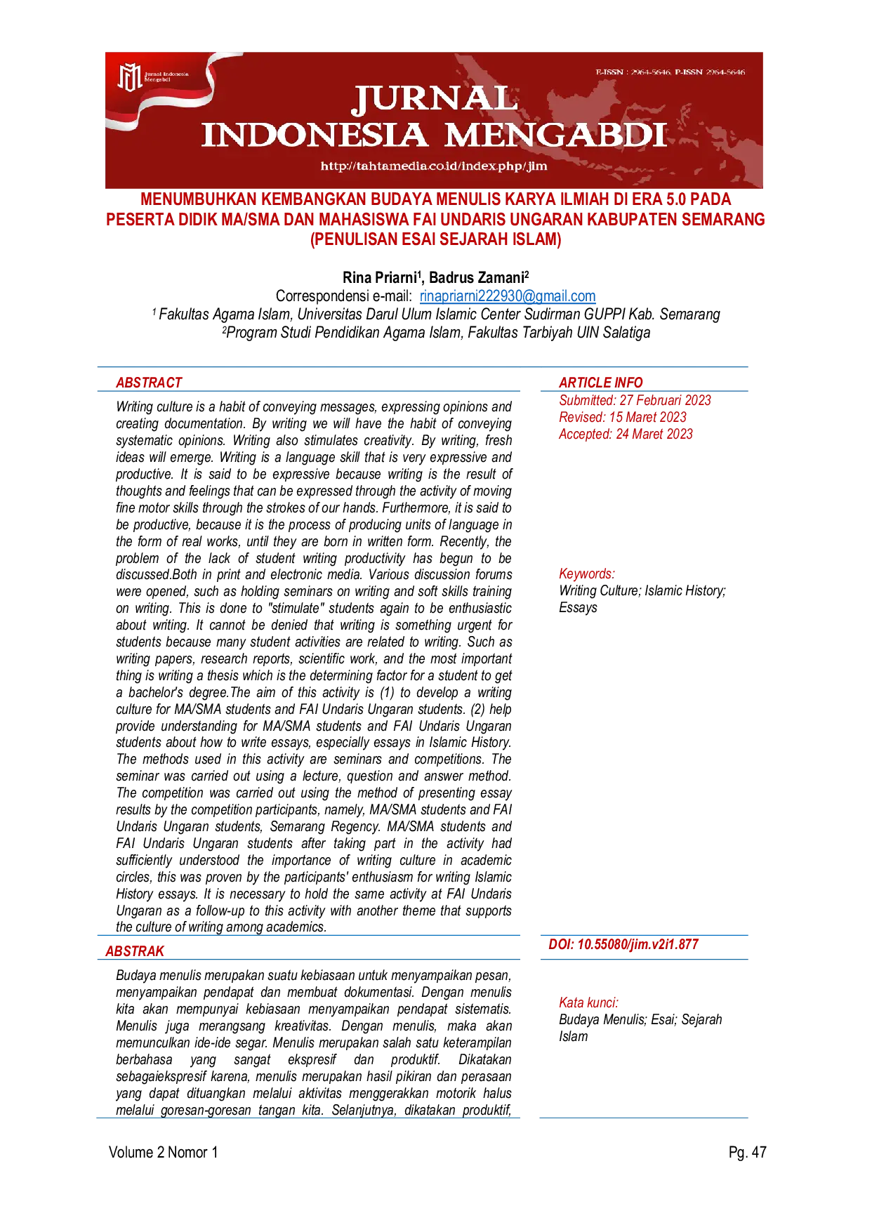 JURIS Menumbuhkan Kembangkan Budaya Menulis Karya Ilmiah Di Era 5 0 Pada Peserta Didik MA SMA Dan Mahasiswa Fai Undaris Ungaran Kabupaten Semarang Penulisan Esai Sejarah Islam