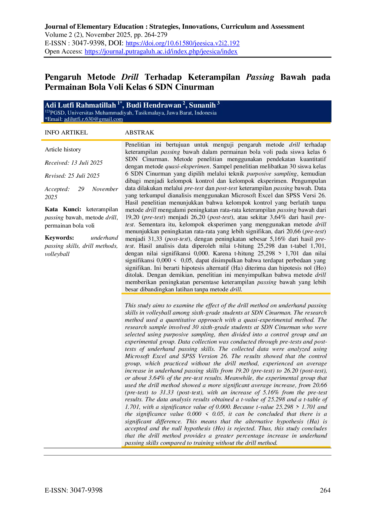 JURIS Pengaruh Metode Drill Terhadap Keterampilan Passing Bawah Pada Permainan Bola Voli Kelas 6 SDN Cinurman
