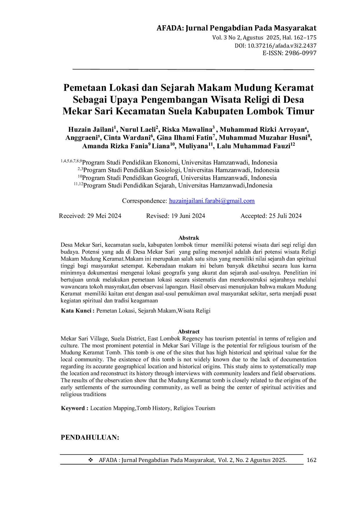 JURIS Pemetaan Lokasi dan Sejarah Makam Mudung Keramat Sebagai Upaya Pengembangan Wisata Religi di Desa Mekar Sari Kecamatan Suela Kabupaten Lombok Timur