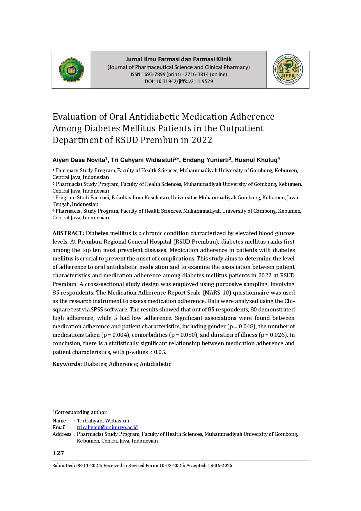 juris Evaluation of Oral Antidiabetic Medication Adherence Among Diabetes Mellitus Patients in the Outpatient Department of RSUD Prembun in 2022