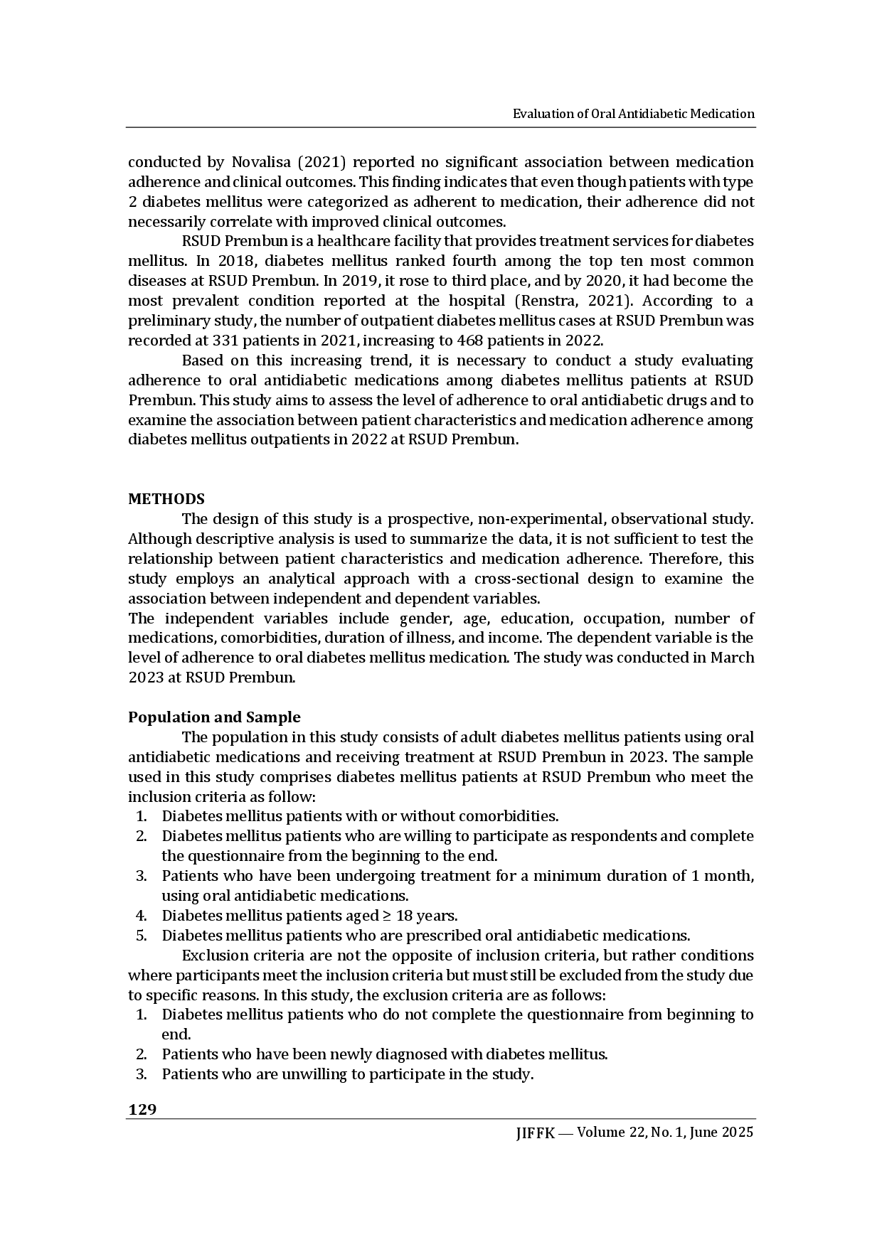 juris Evaluation of Oral Antidiabetic Medication Adherence Among Diabetes Mellitus Patients in the Outpatient Department of RSUD Prembun in 2022