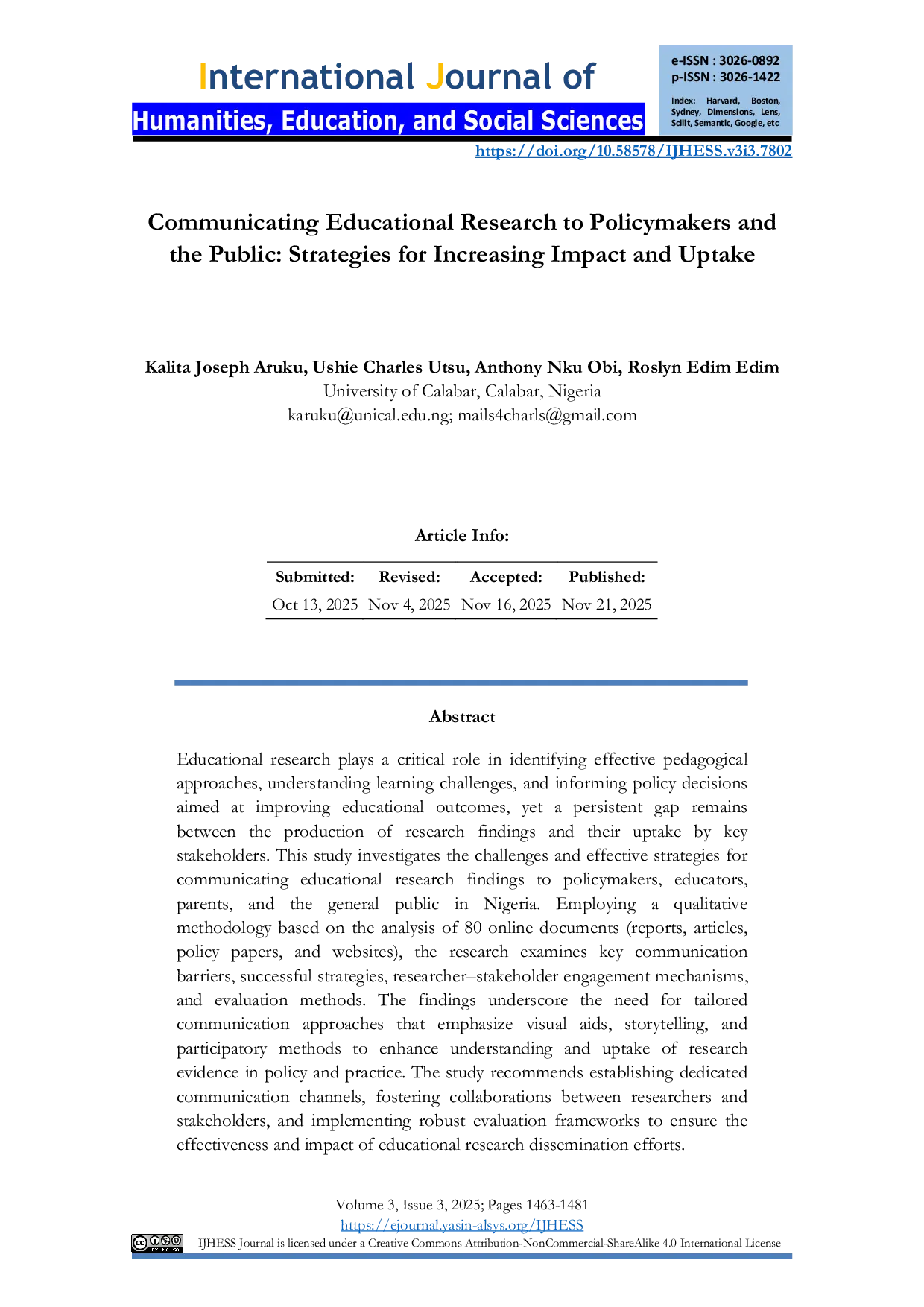 JURIS Communicating Educational Research to Policymakers and the Public Strategies for Increasing Impact and Uptake