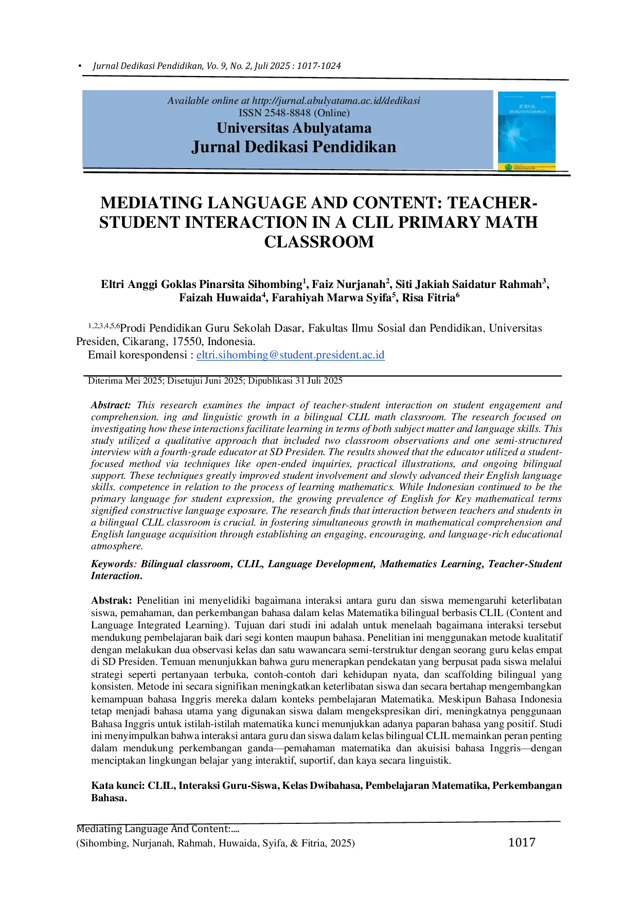JURIS Mediating Language and Content Teacher Student Interaction in a CLIL Primary Math Classroom