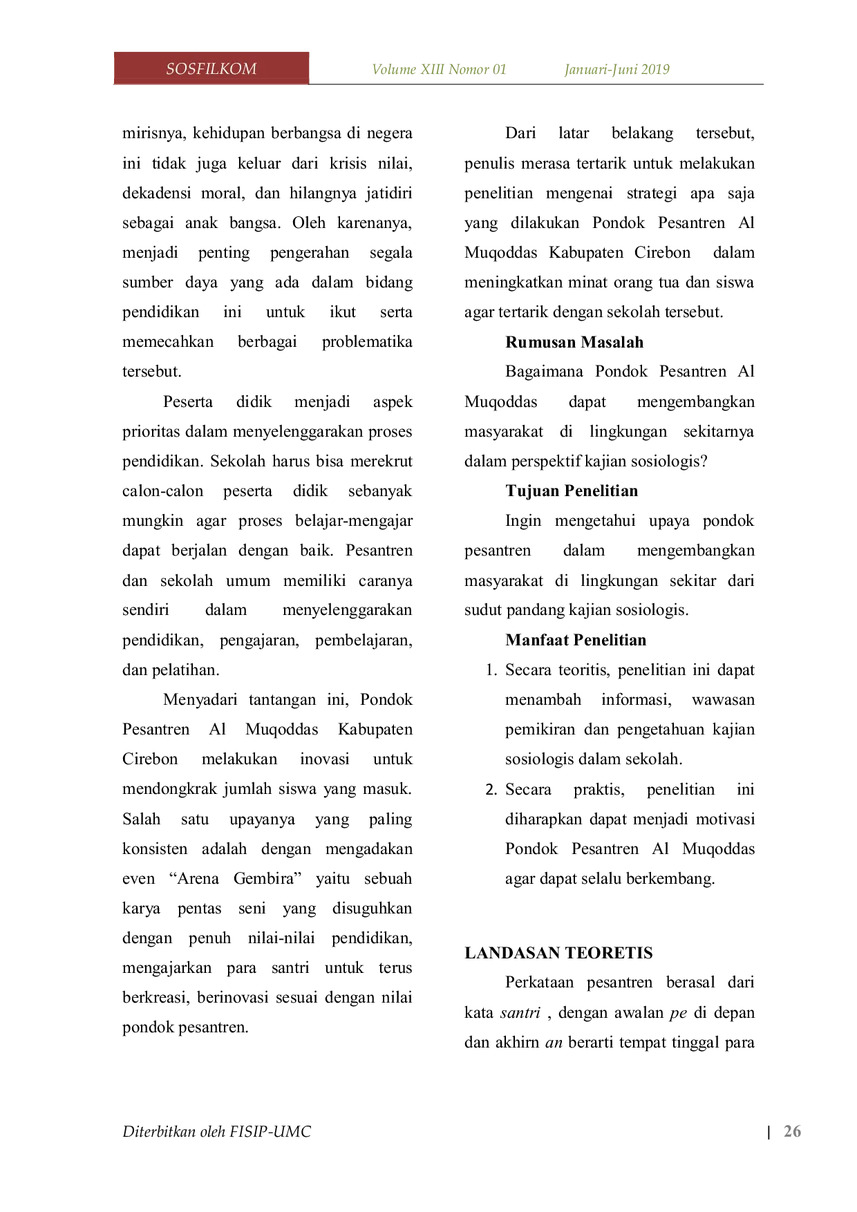 JURIS Pengembangan Masyarakat Di Lingkungan Pondok Pesantren Ditinjau Dari Aspek Sosiologis