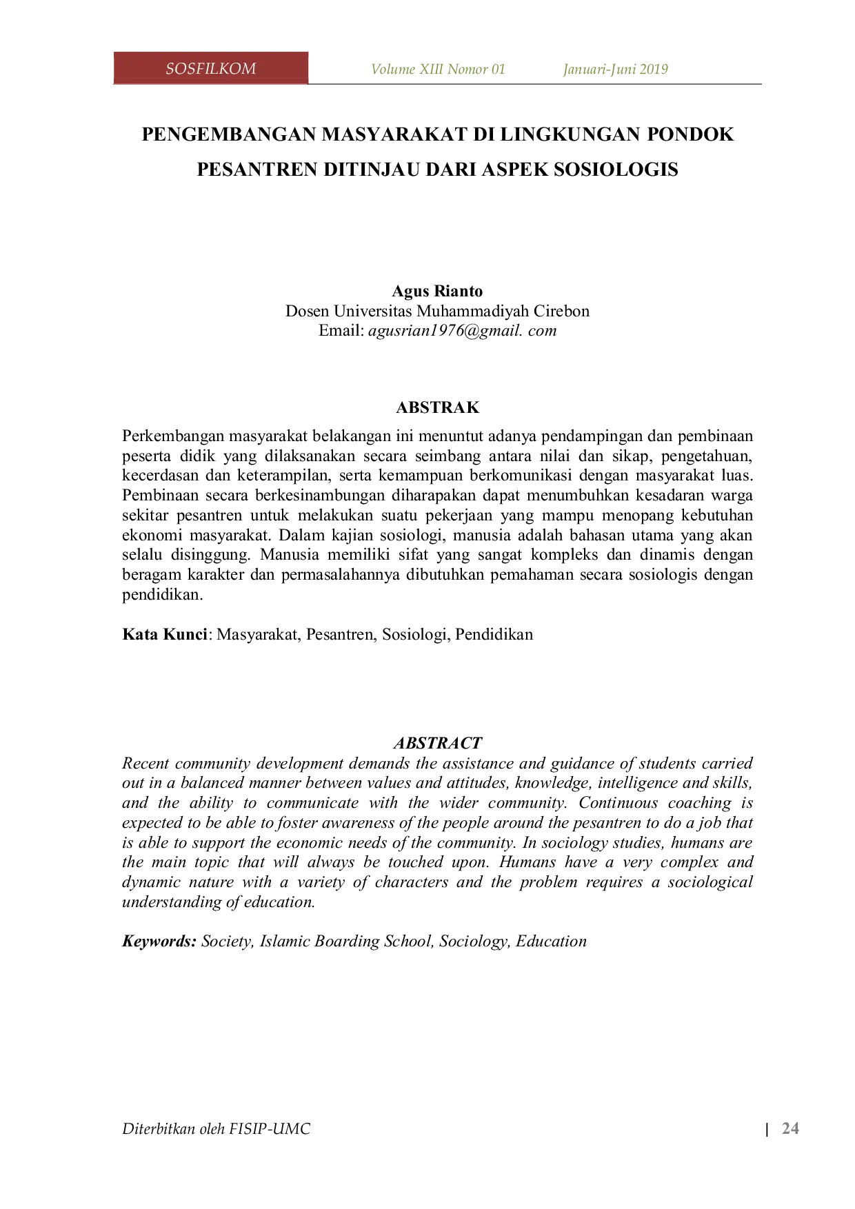 JURIS Pengembangan Masyarakat Di Lingkungan Pondok Pesantren Ditinjau Dari Aspek Sosiologis