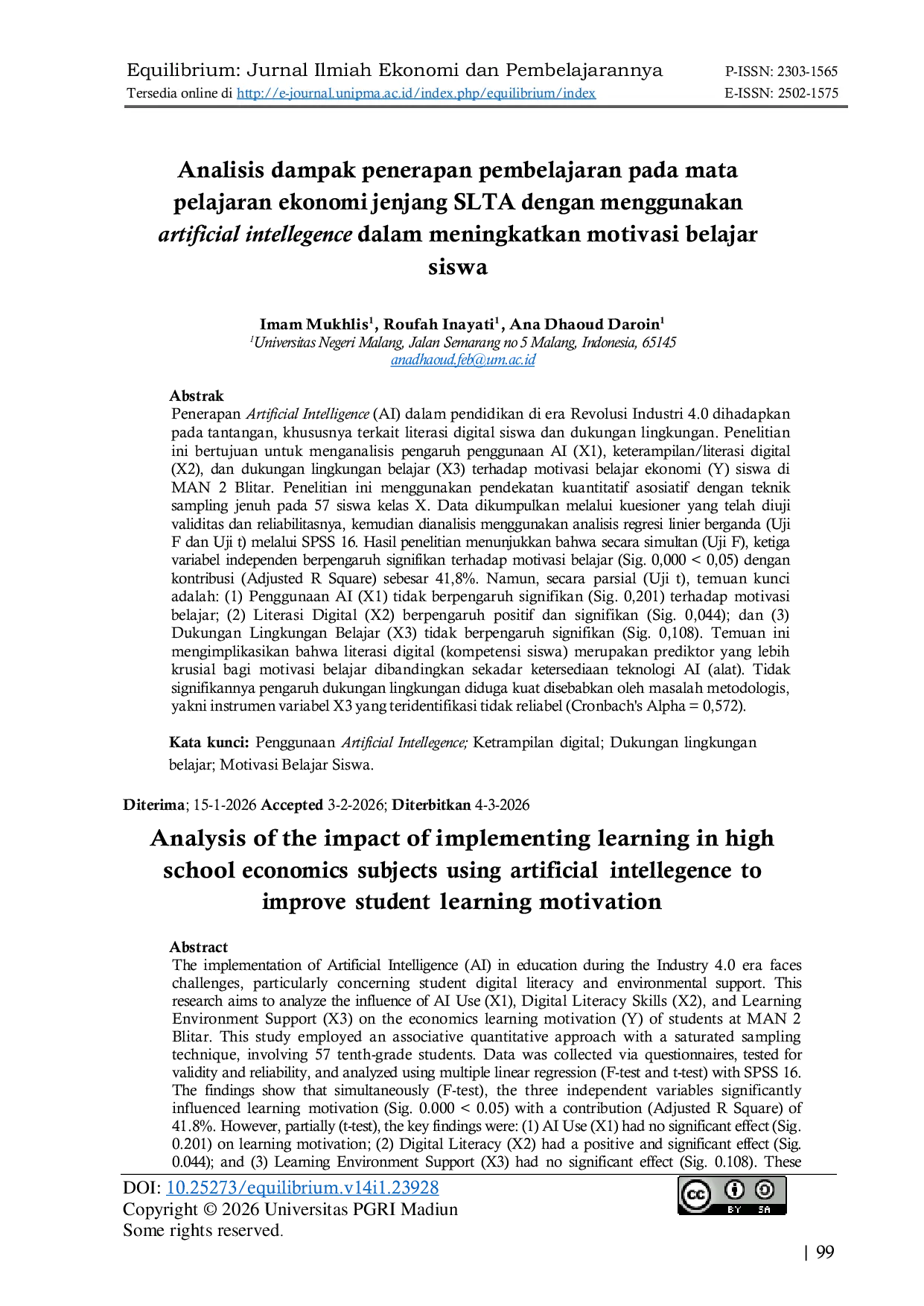 JURIS Analisis dampak penerapan pembelajaran pada mata pelajaran ekonomi jenjang SLTA dengan menggunakan artificial intellegence dalam meningkatkan motivasi belajar siswa