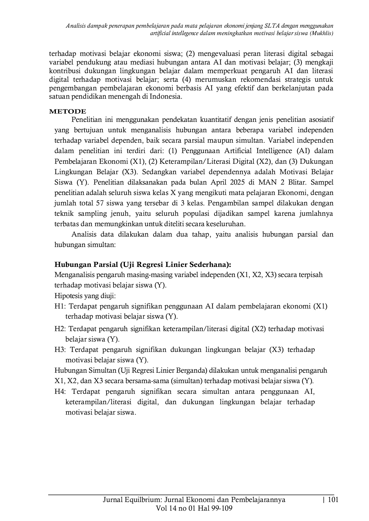 JURIS Analisis dampak penerapan pembelajaran pada mata pelajaran ekonomi jenjang SLTA dengan menggunakan artificial intellegence dalam meningkatkan motivasi belajar siswa