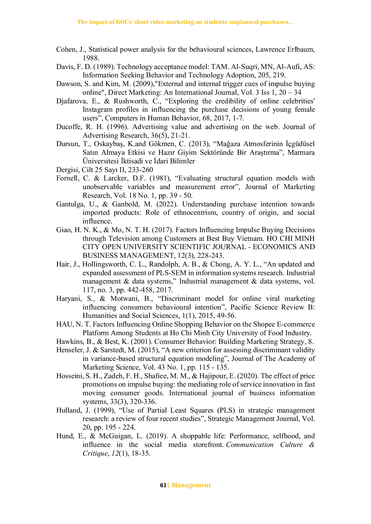 JURIS The impact of KOCs short video marketing on students unplanned purchases of pre loved footwear