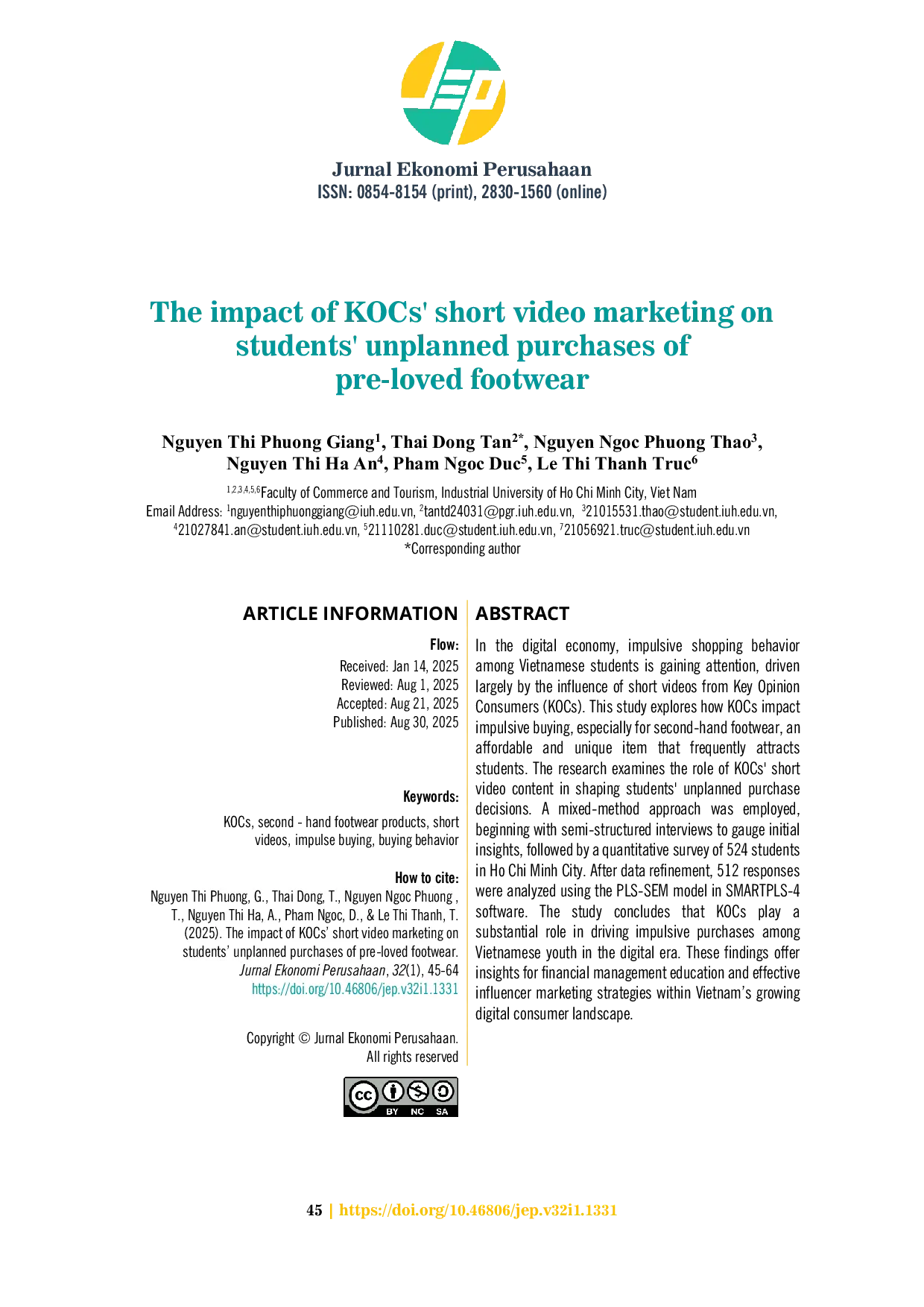 JURIS The impact of KOCs short video marketing on students unplanned purchases of pre loved footwear