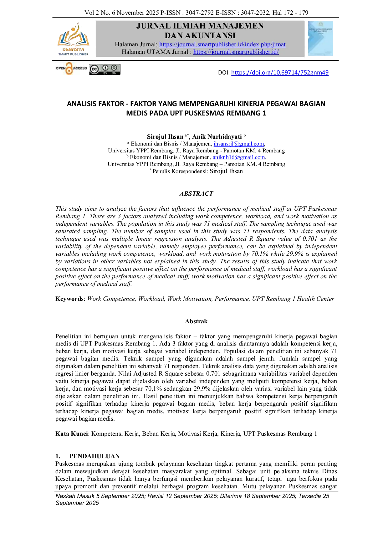 JURIS Analisis Faktor Faktor Yang Mempengaruhi Kinerja Pegawai Bagian Medis Pada Upt Puskesmas Rembang 1